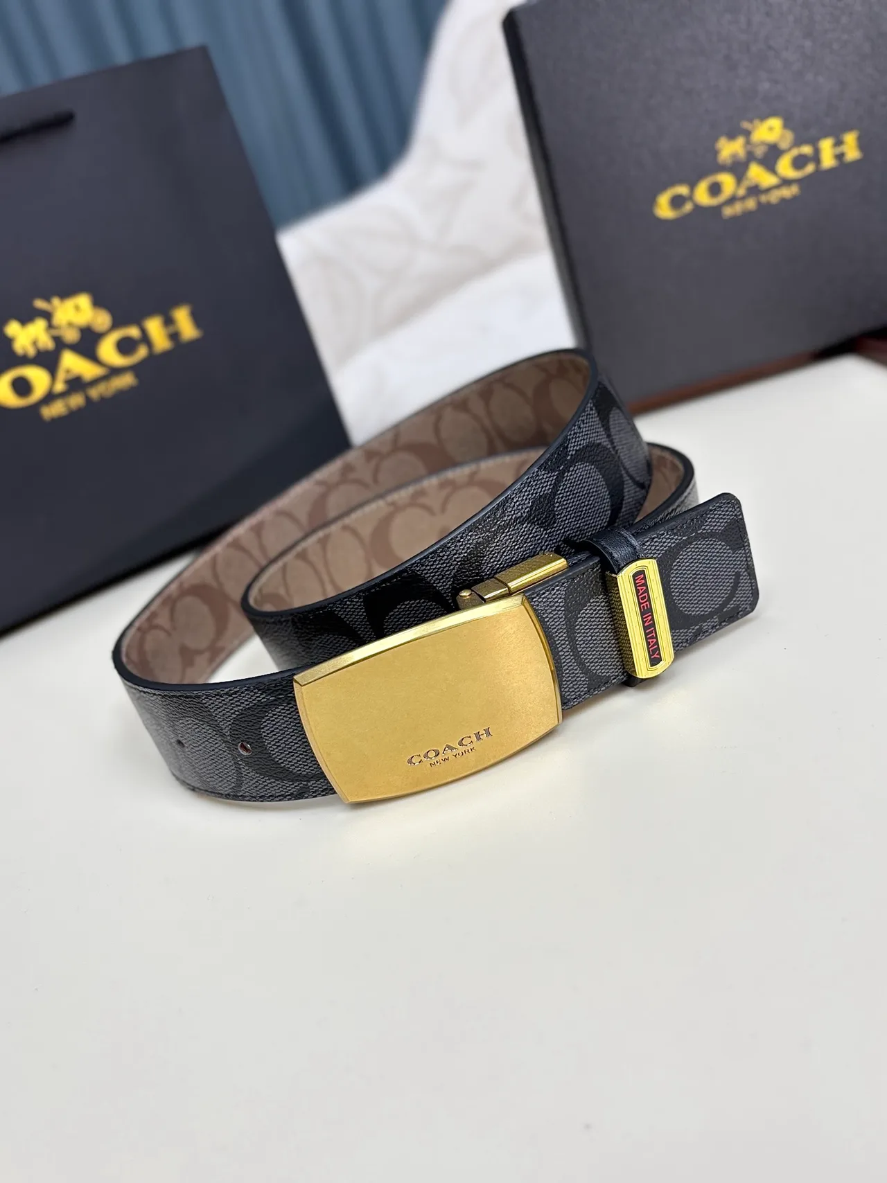 Coach Logo-pattern plate buckle belt in Black & Brown · view 5