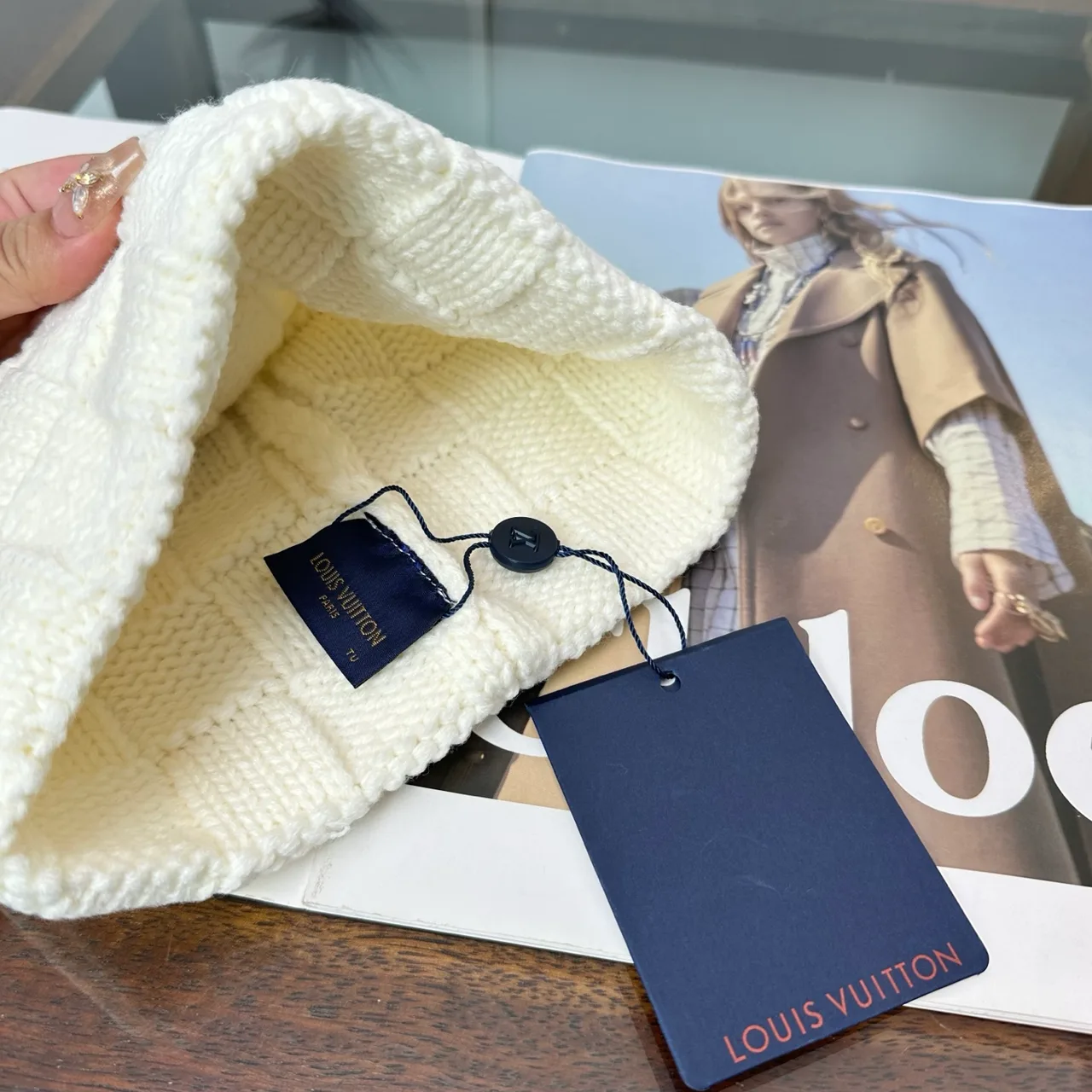 Louis Vuitton Cable-Knit Beanie in Cream & Black · view 7