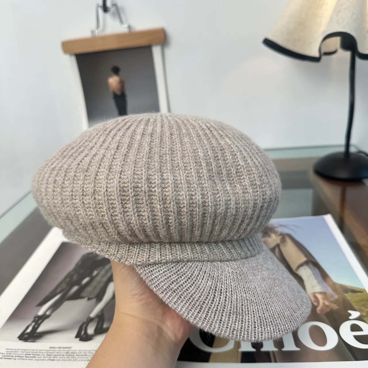 Miu Miu Knit Brimmed Cap in Grey & Black & White & Brown & Beige · view 5