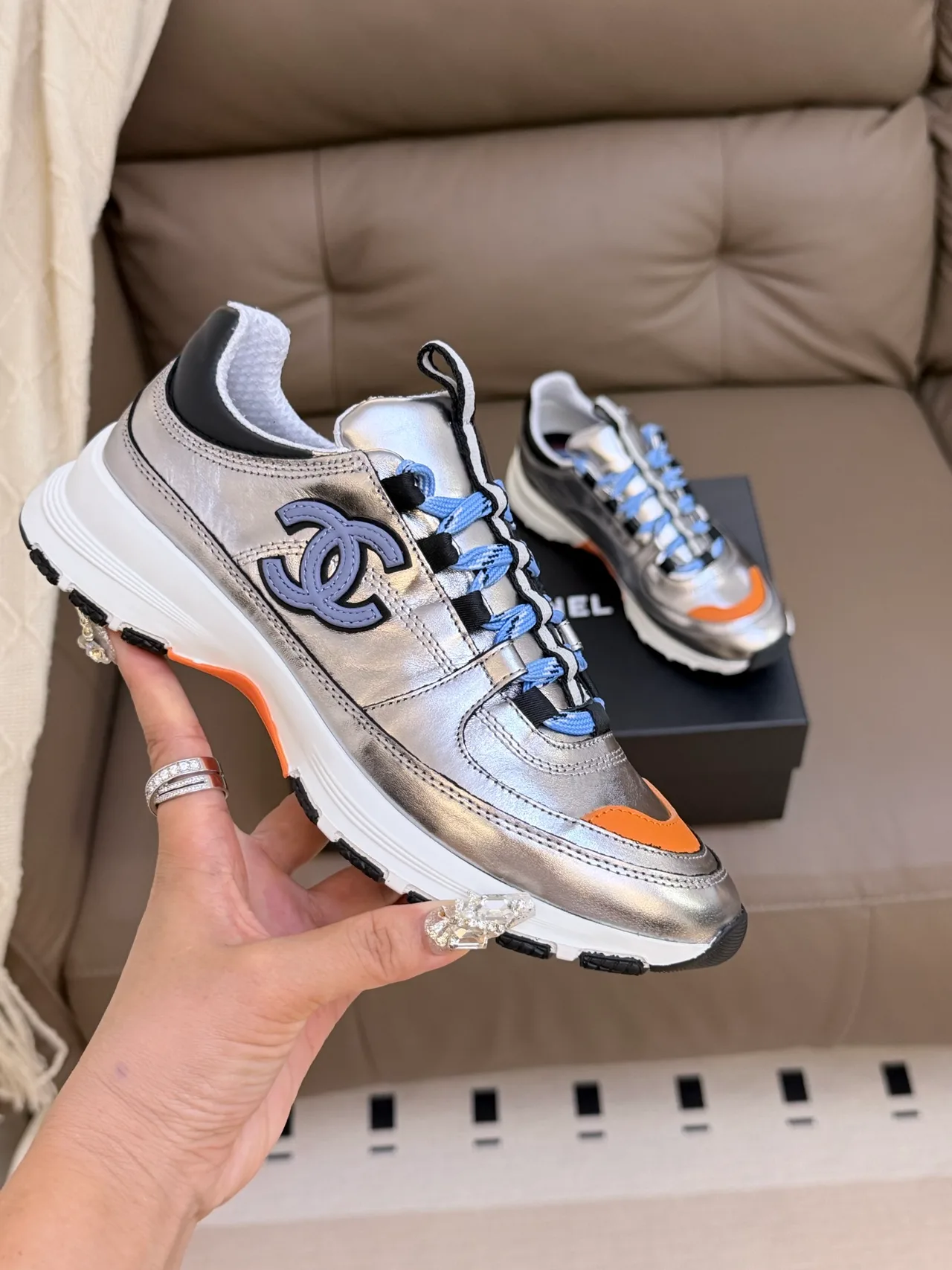 Chanel Cowhide Sheepskin Lace-Up Sneakers in Silver · view 4