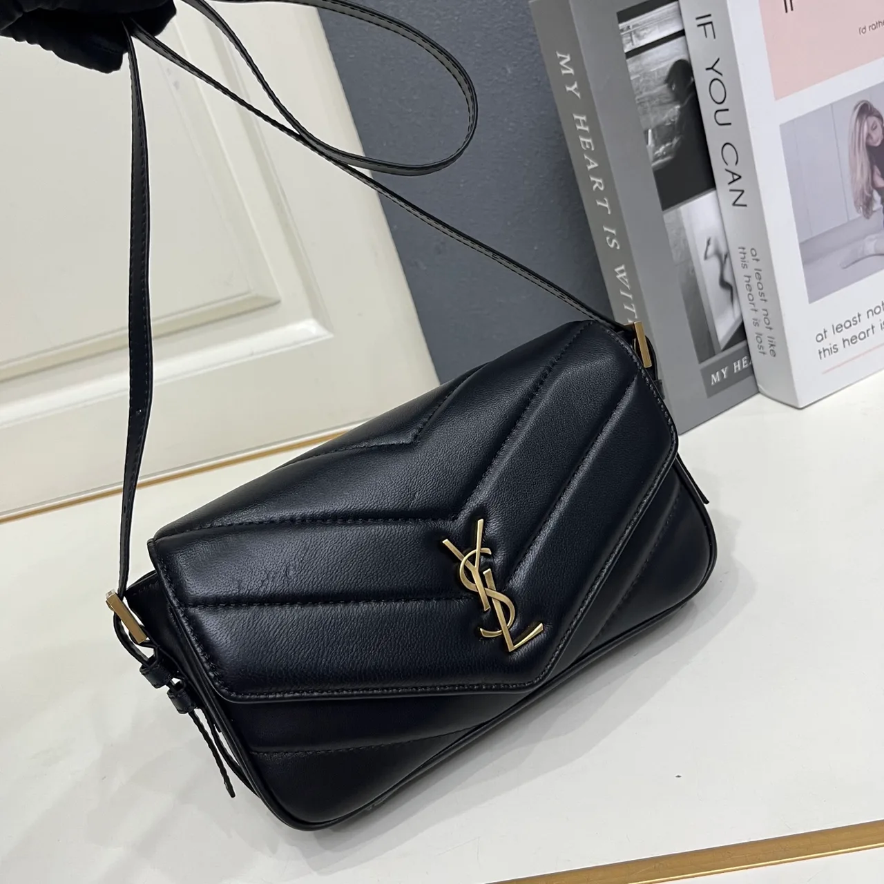 Saint Laurent Sheepskin Quilted Glossy Crossbody Bag in Black · view 3