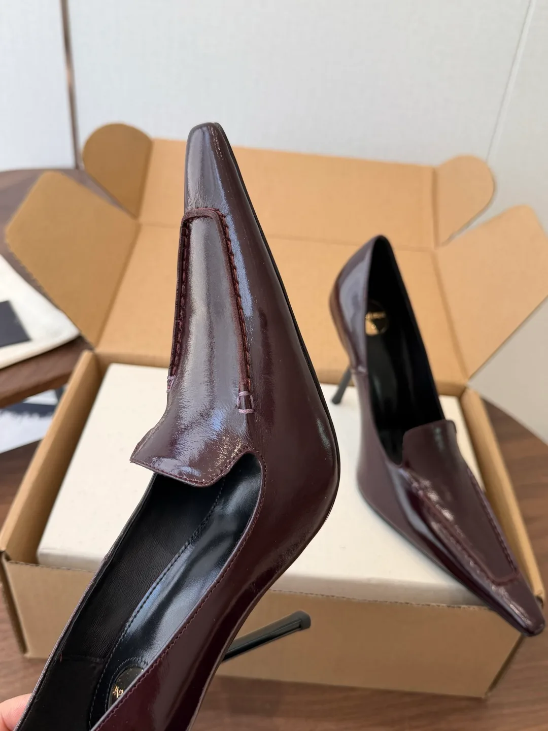 Saint Laurent Cowhide Glossy Pointed-Toe Pumps in Burgundy · view 6