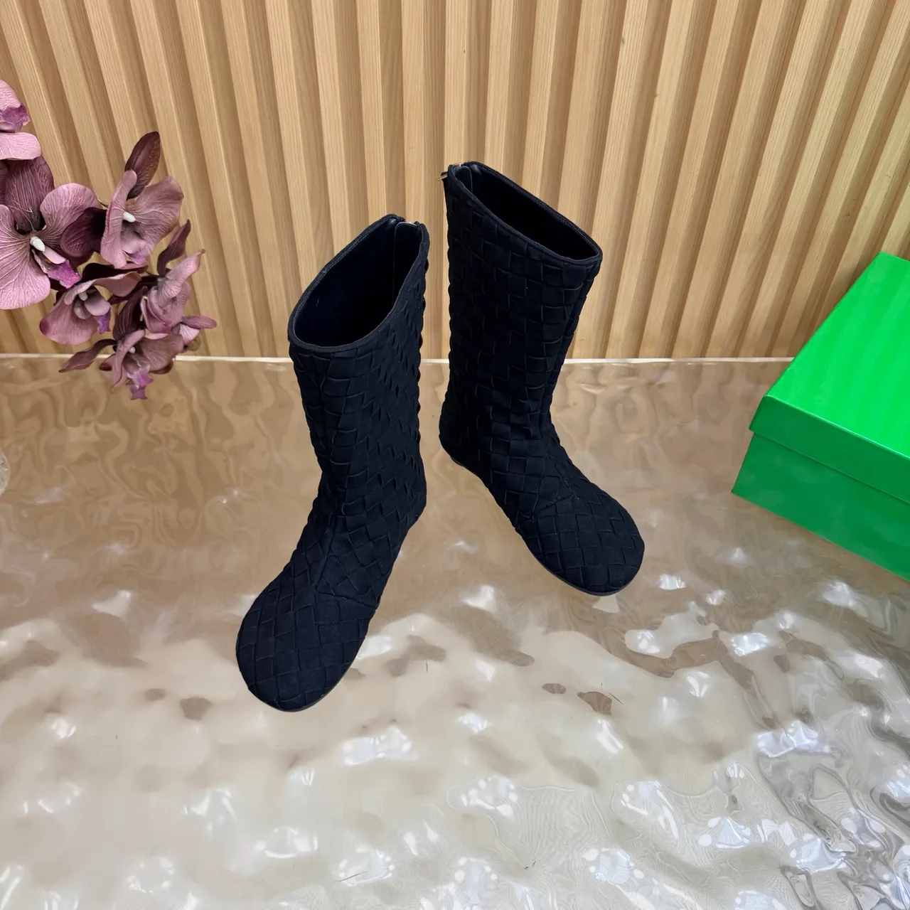Bottega Veneta Woven Glossy Pointed-Toe Ankle Boots in Black · view 6