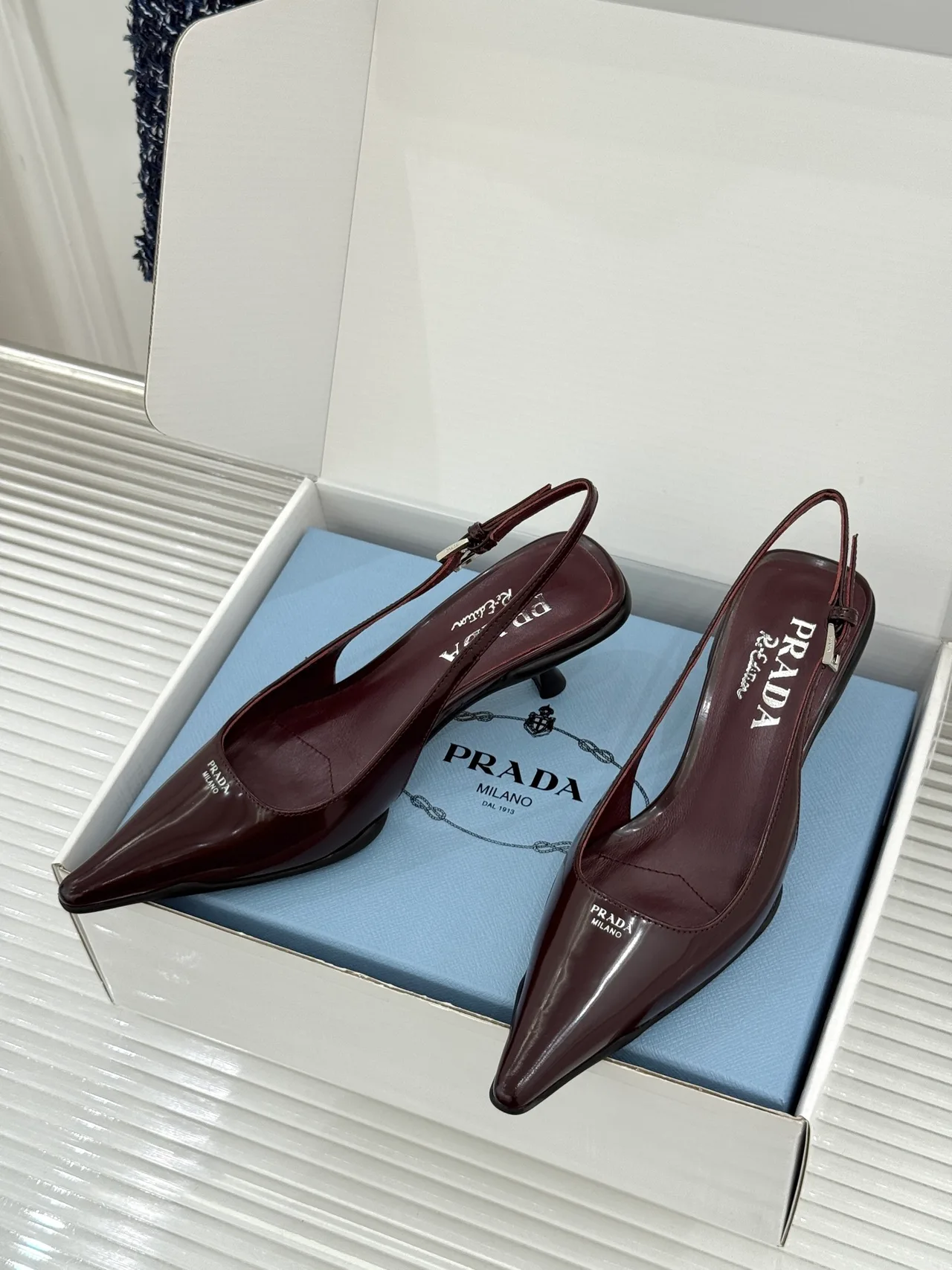 Prada Pointed Slingback Pumps in Burgundy · view 3