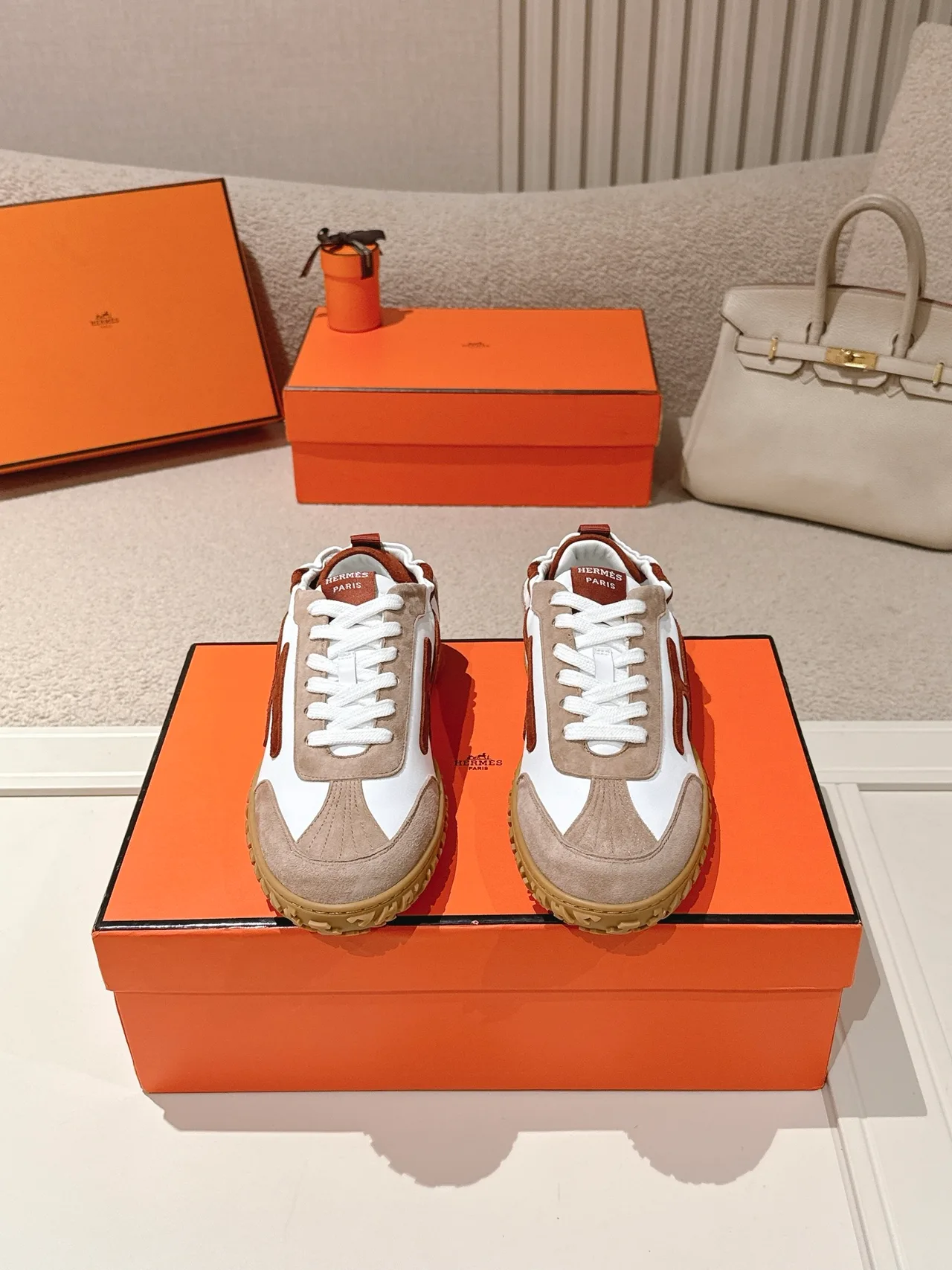 Hermes Sheepskin Suede Round-Toe Sneakers in White · view 1