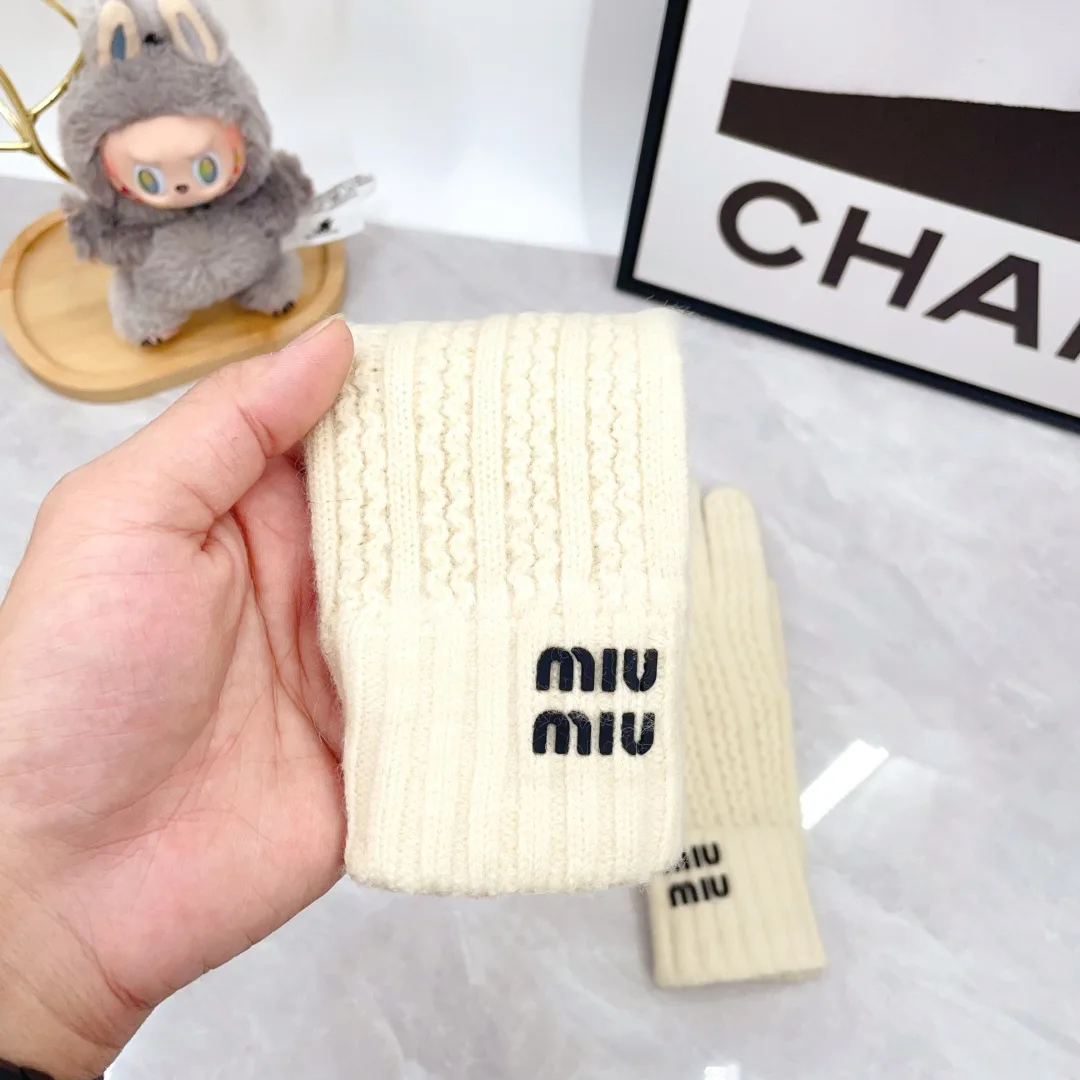 Miu Miu Wool Ribbed Embroidered Hat Scarf and Gloves Set in White · view 8