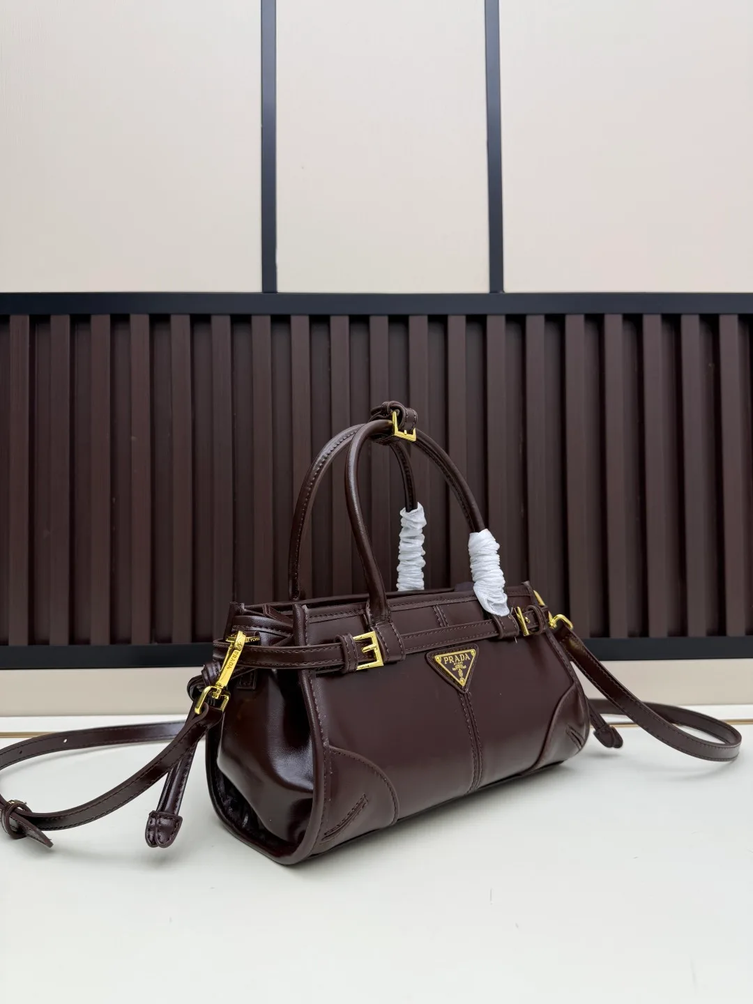 Prada Calfskin Buckle-Detail Structured Top-Handle Bag in Brown · view 2