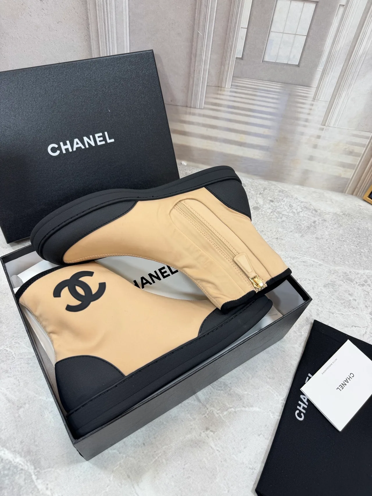 Chanel Cowhide Glossy Ankle Boots in Beige · view 4