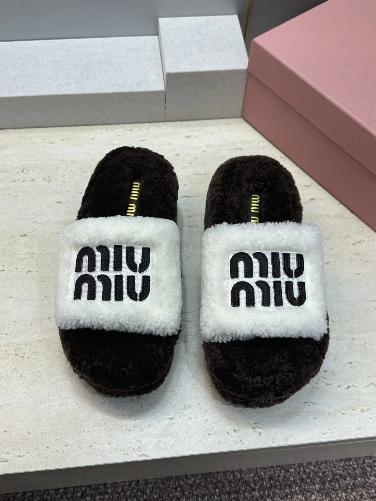 Miu Miu Plush Slide Sandals in Brown · view 1
