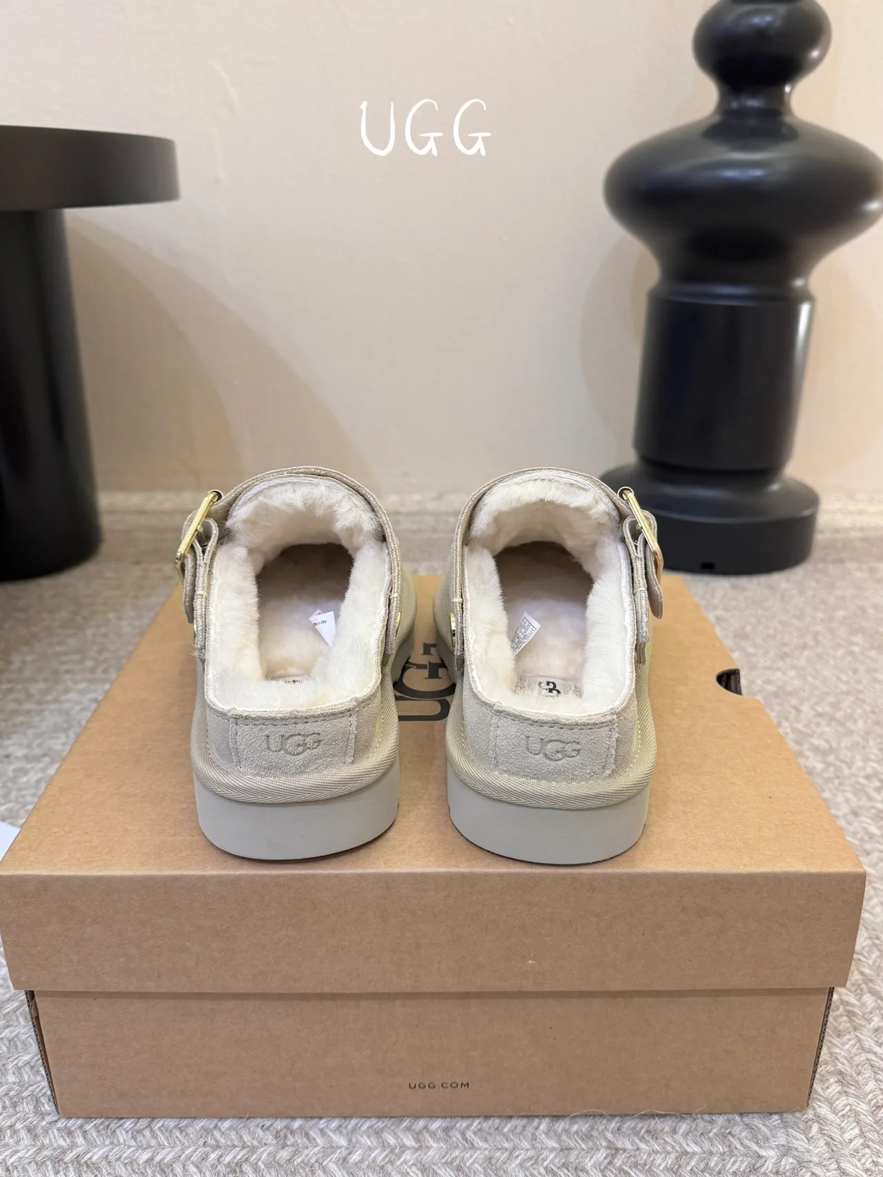 UGG Wool Suede-Look Buckle Lined Loafer Mules in Beige · view 6