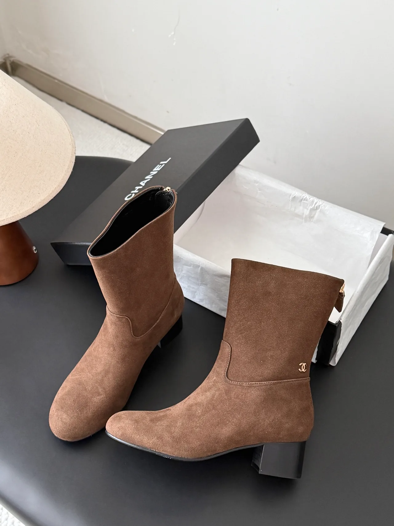 Chanel Sheepskin Glossy Suede-Look Round-Toe Ankle Boots in Brown · view 4