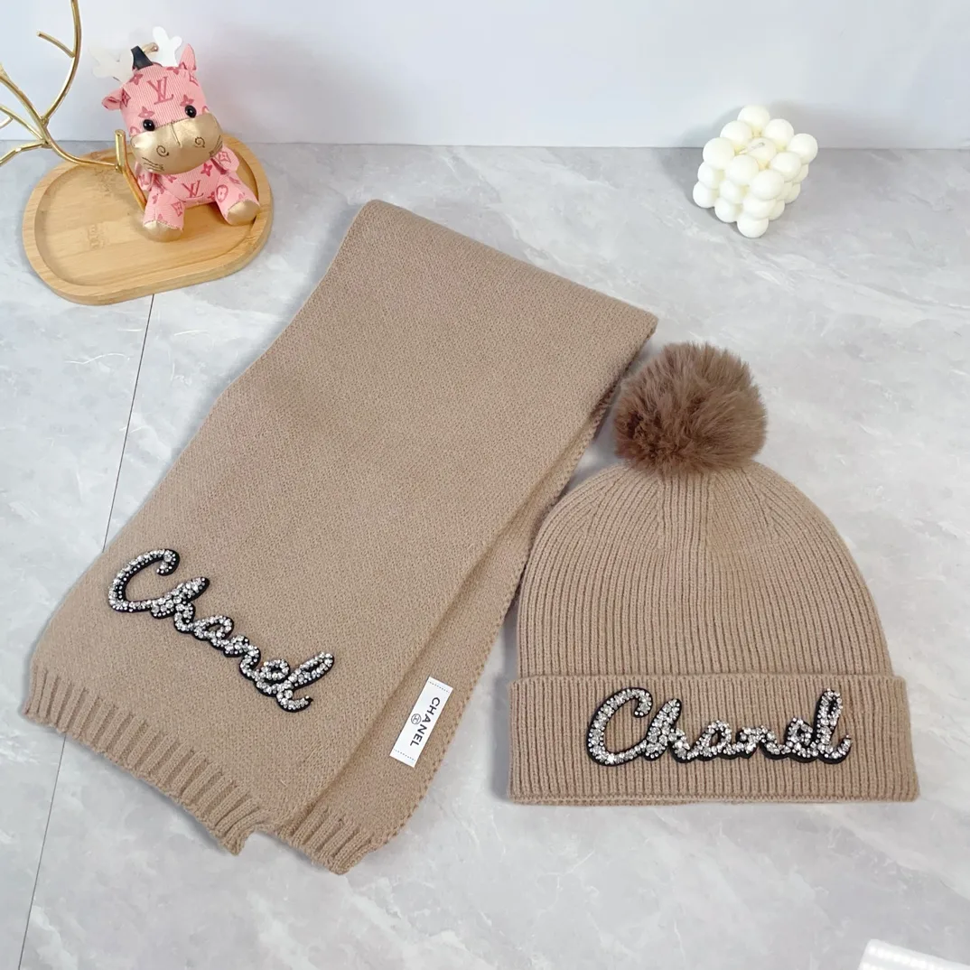 Chanel Wool Ribbed Embroidered Hat and Scarf Set in Beige · view 3