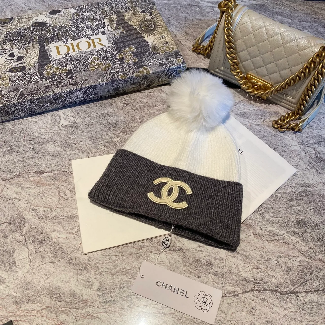 Chanel Pom-Pom Beanie in White & Black & Tan · view 6