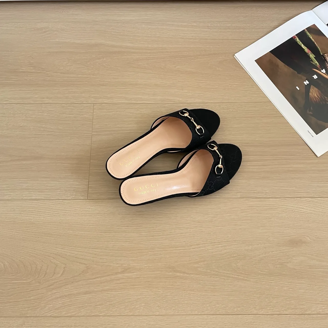 Gucci Canvas Glossy Suede-Look Square-Toe Buckle Mules in Black · view 5