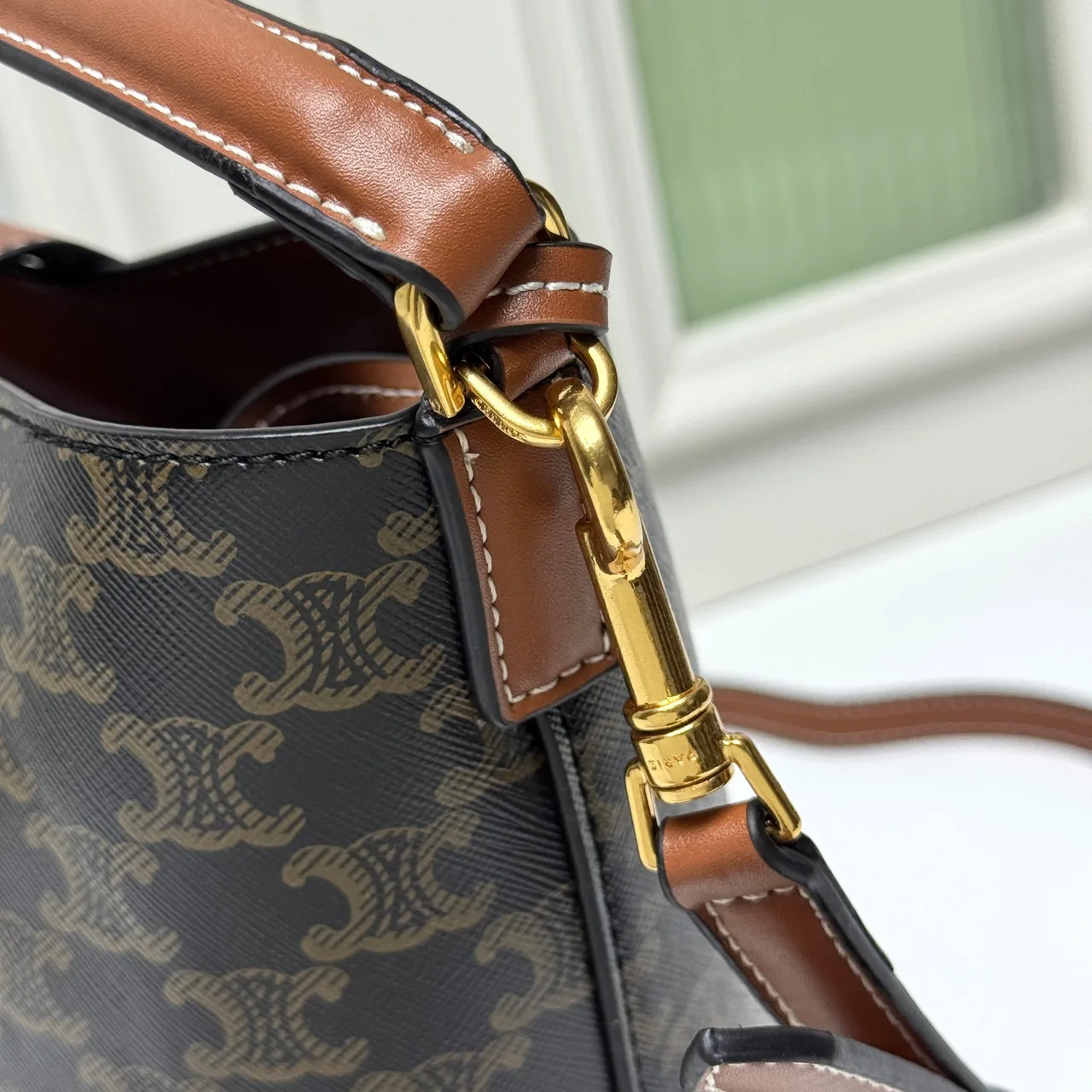 Celine Calfskin Quilted Monogram Bucket Bag in Brown · view 5