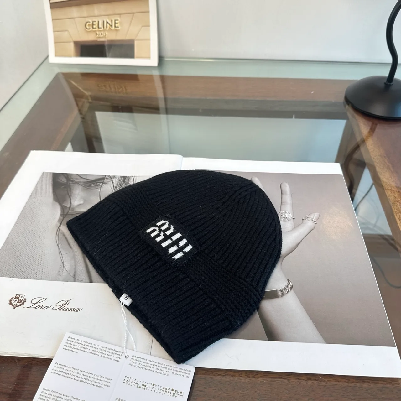 Miu Miu Logo knit beanie in Black & Grey & Burgundy & Tan & Cream · view 3