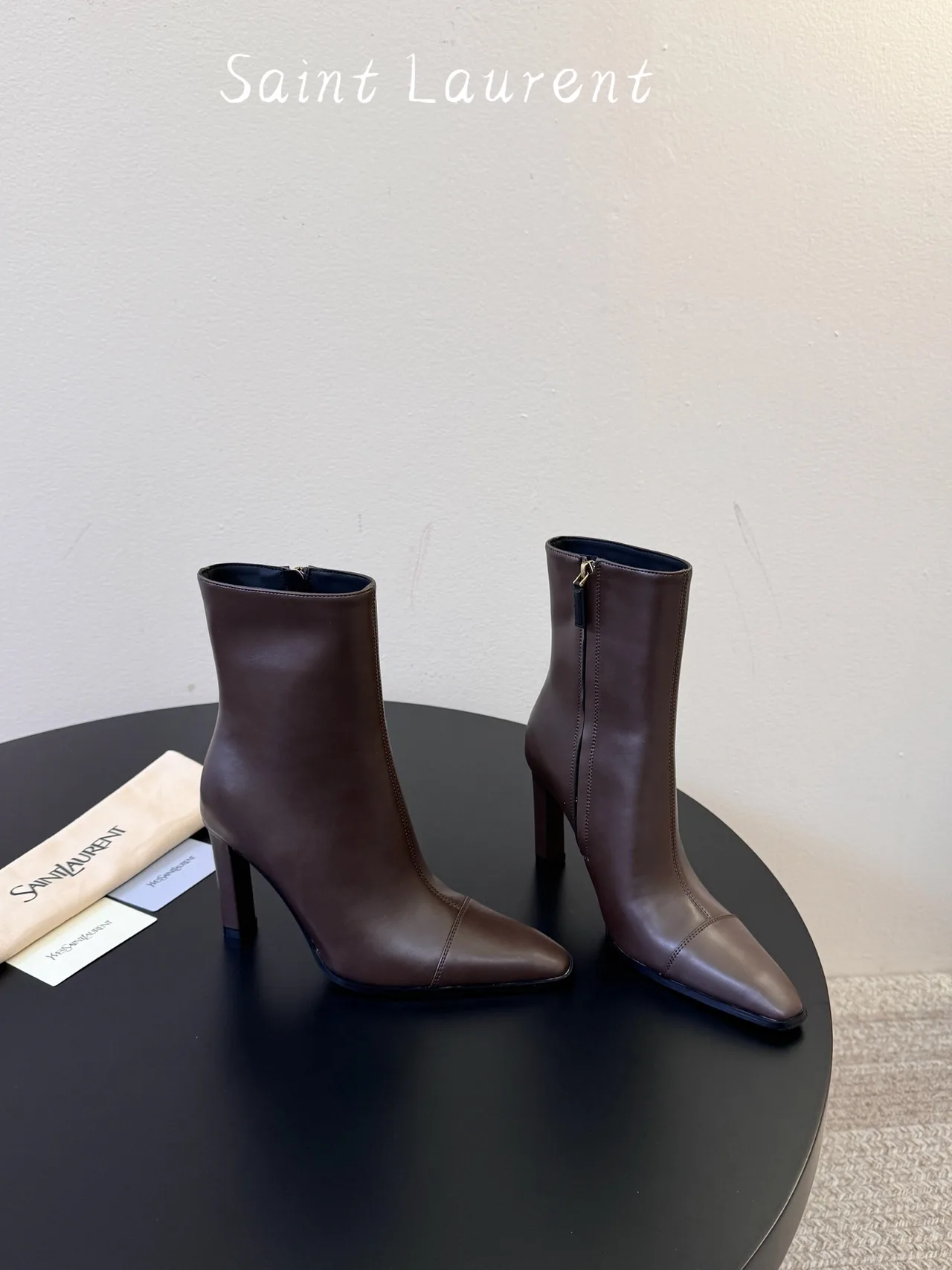 Saint Laurent Glossy Square-Toe Ankle Boots in Brown · view 4