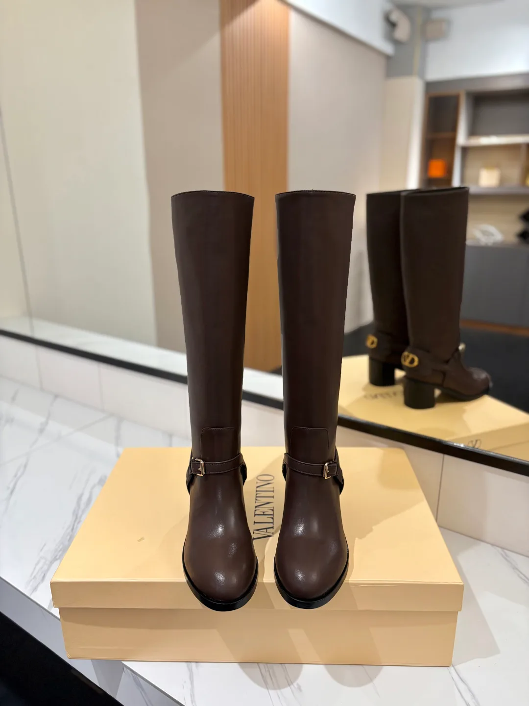 Valentino Calfskin VLOGO Knee-High Boots in Brown · view 3