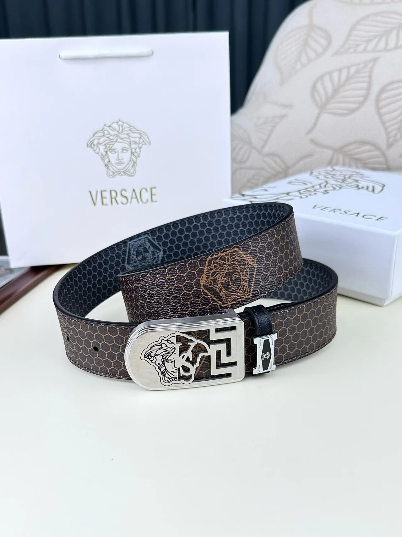 Versace Medusa Pattern Belt in Brown · view 2