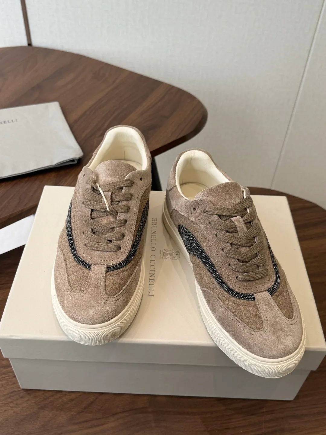 Brunello Cucinelli Cowhide Suede Panelled Lace-Up Sneakers in Grey · view 4