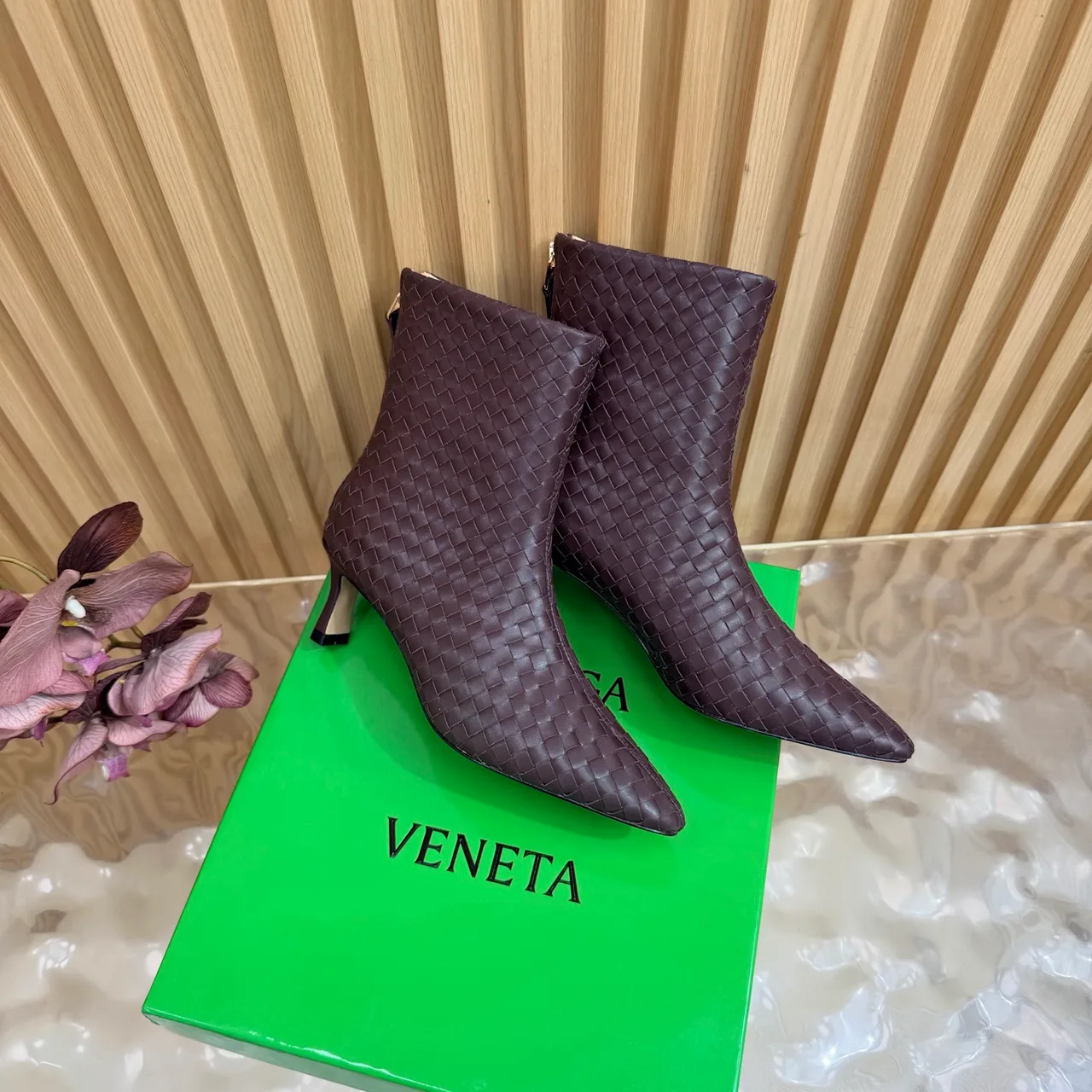 Bottega Veneta Woven Pointed-Toe Ankle Boots in Brown · view 3