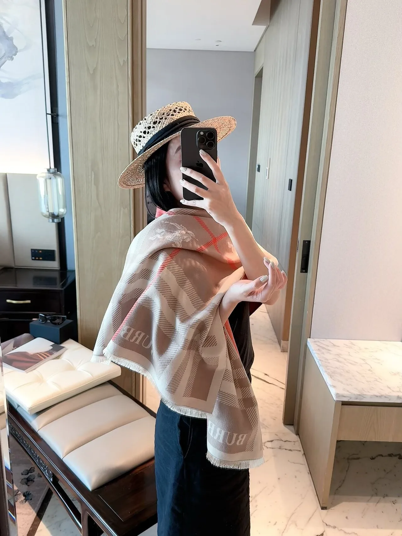 Burberry Check Equestrian Shawl in Beige & Red & Black · view 1