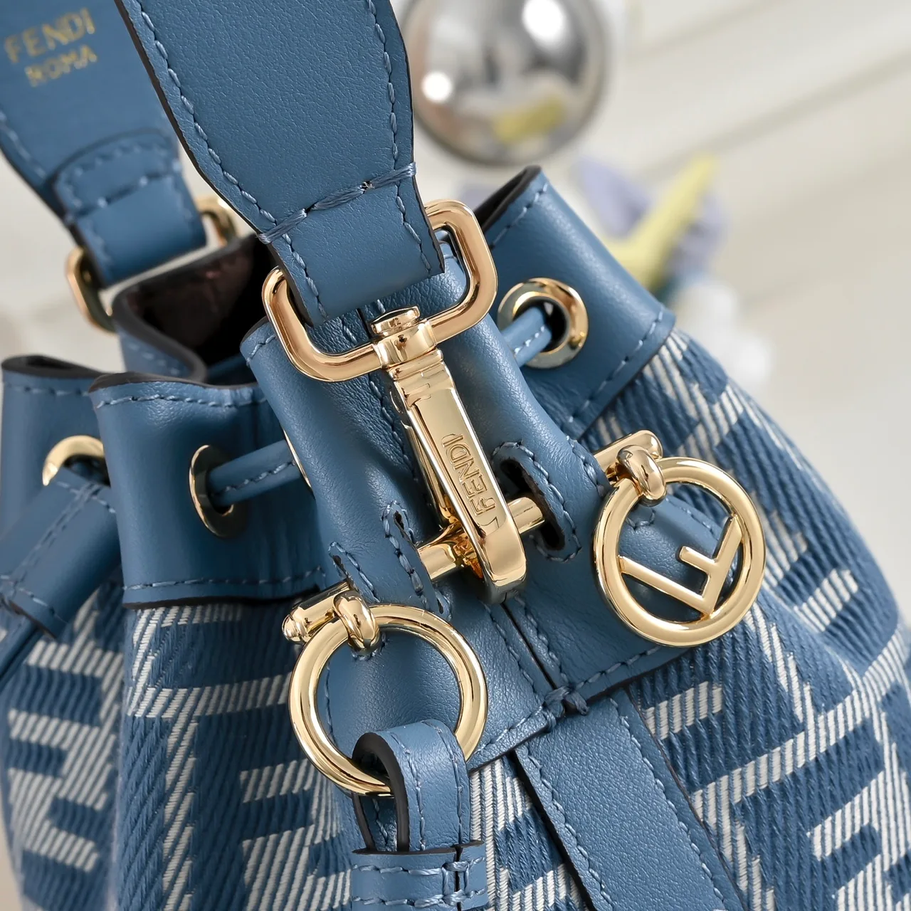 Fendi Calfskin Embroidered Bucket Bag in Blue · view 3