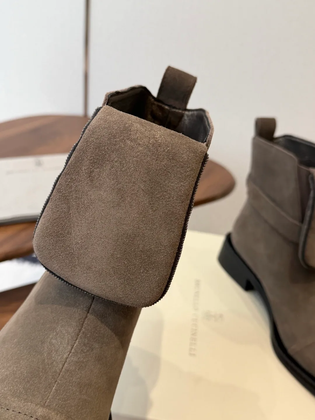 Brunello Cucinelli Glossy Suede-Look Pointed-Toe Ankle Boots in Grey · view 7