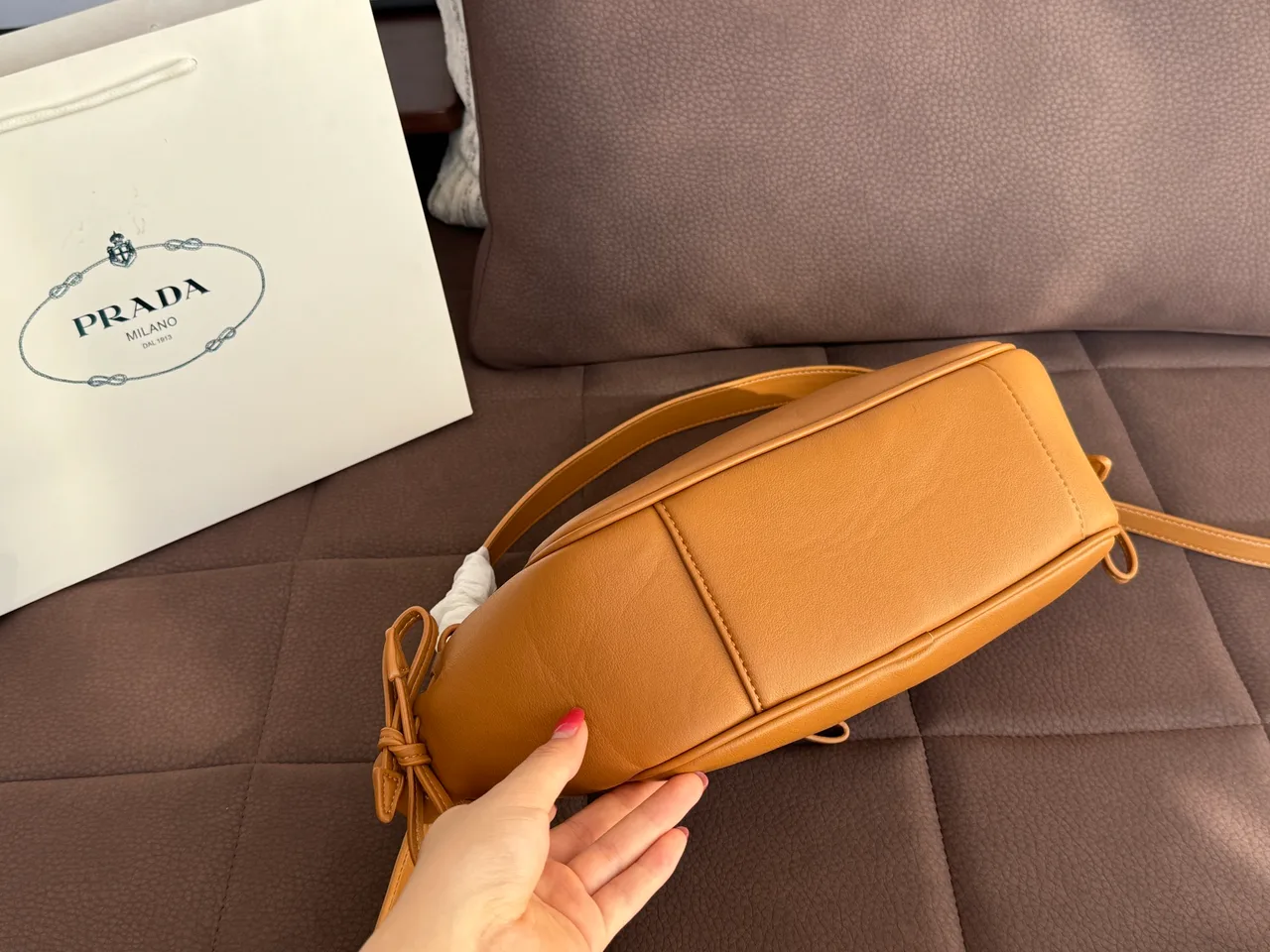 Prada Ribbed Hobo Bag in Tan · view 6