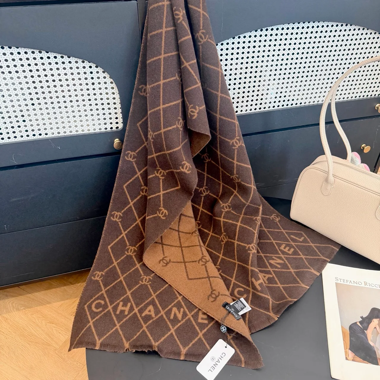 Chanel Diamond CC Fringe Scarf in Brown & Grey & Black & Beige · view 1