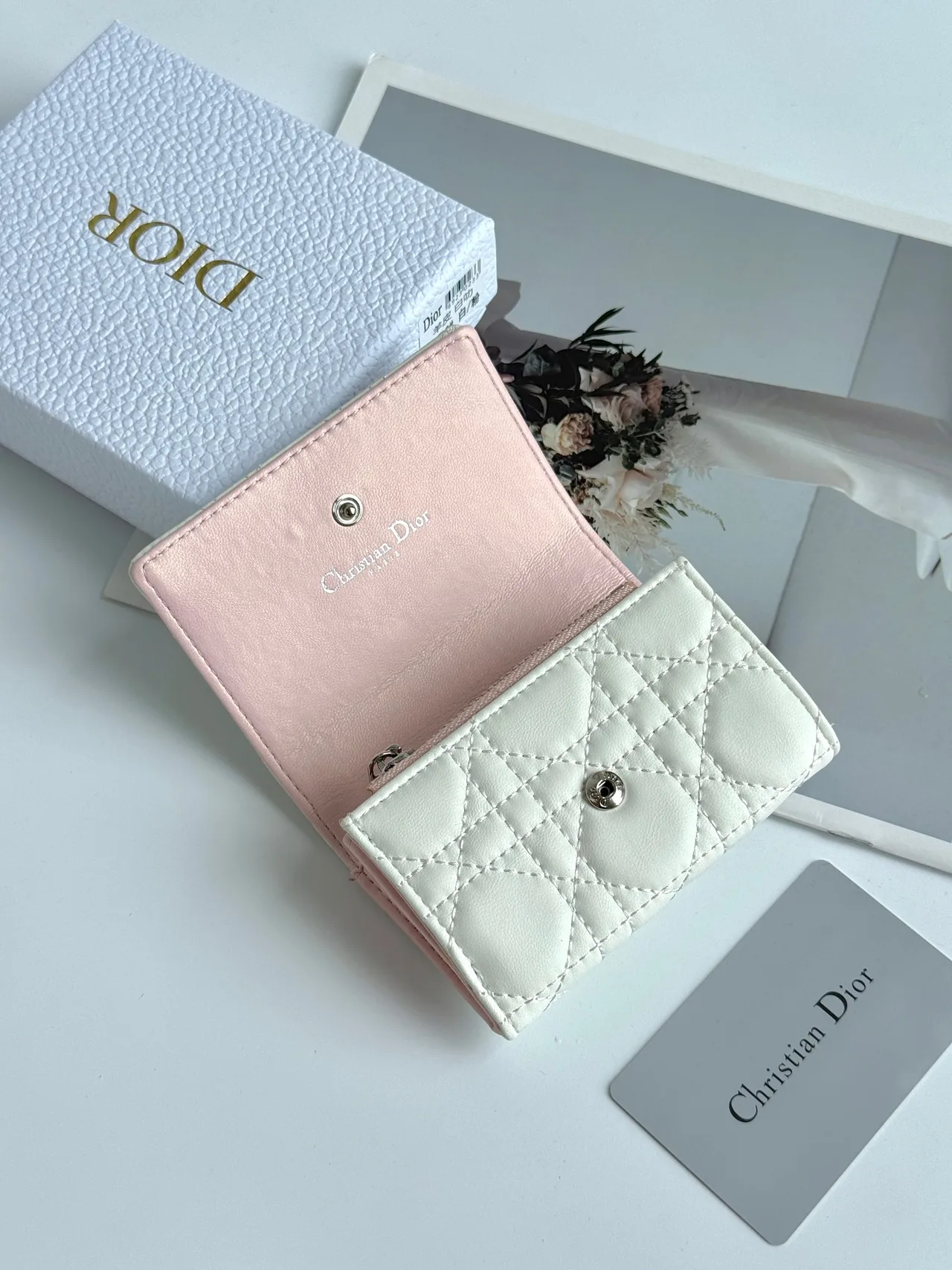 Dior Calfskin Quilted Glossy Wallet in White · view 3