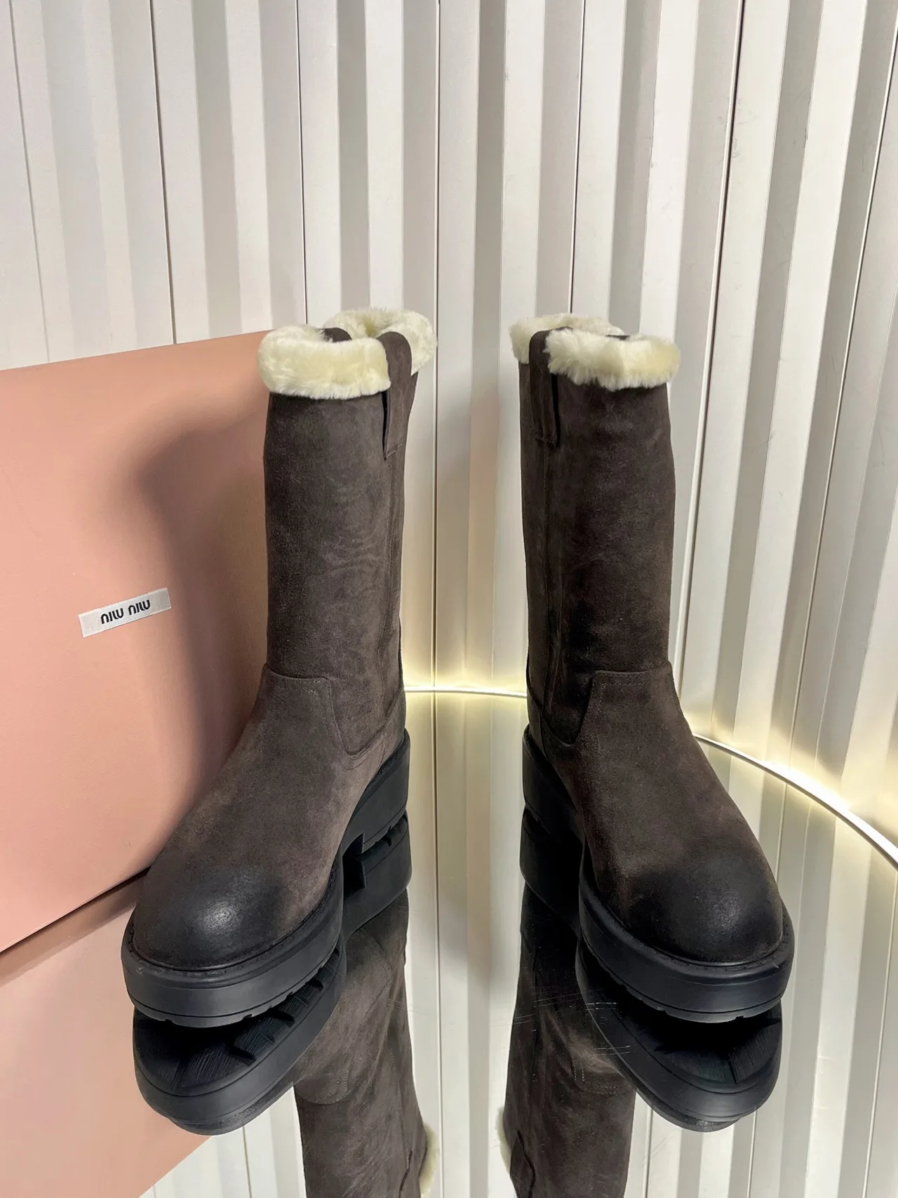 Miu Miu Calfskin Glossy Suede-Look Round-Toe Boots in Brown · view 2