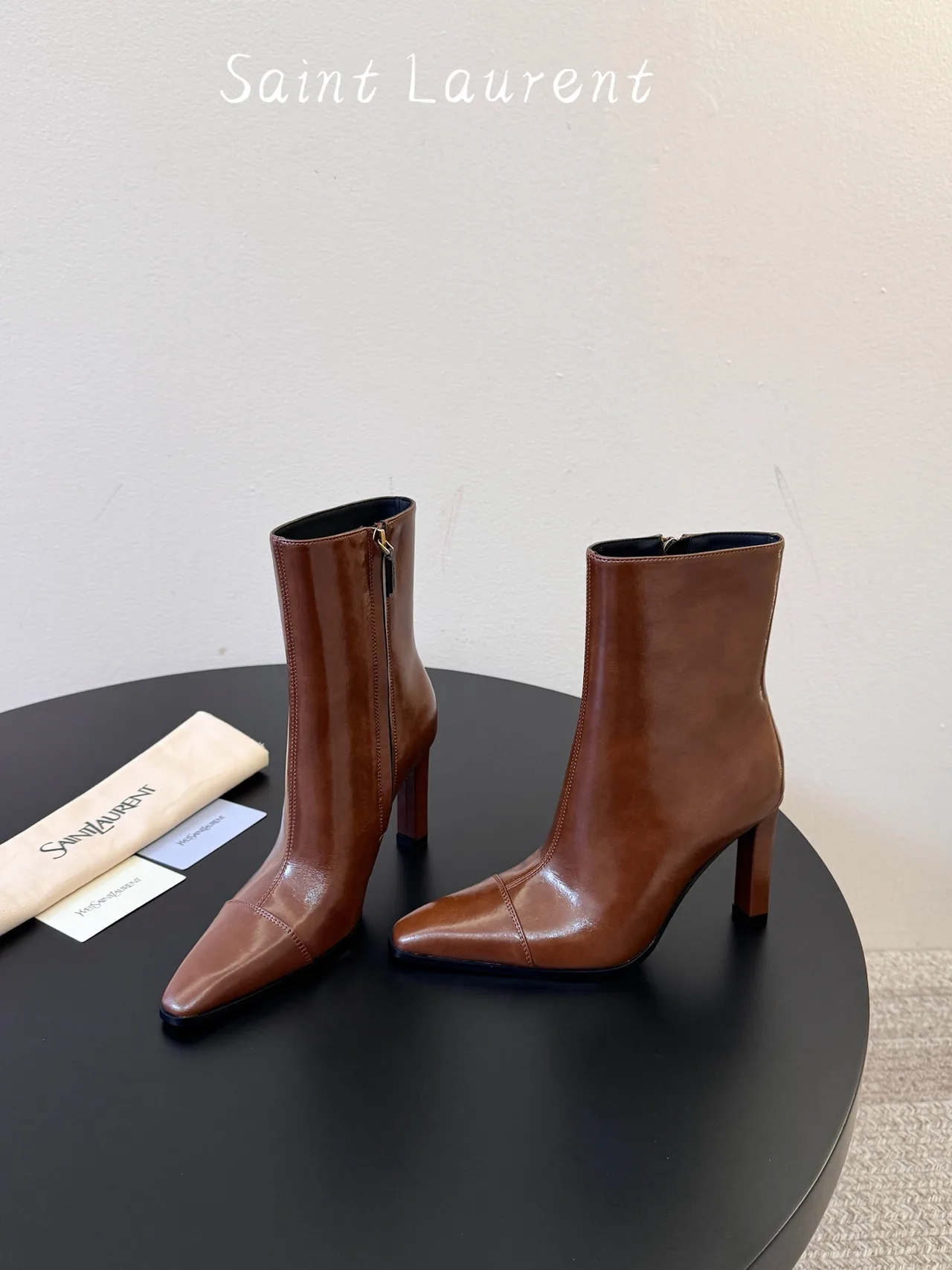 Saint Laurent Glossy Square-Toe Ankle Boots in Brown · view 3