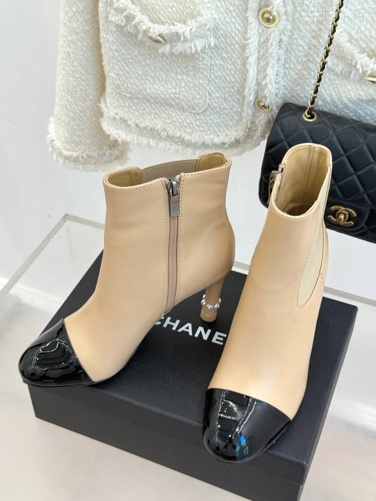 Chanel Lambskin Glossy Ankle Boots in Beige · view 2