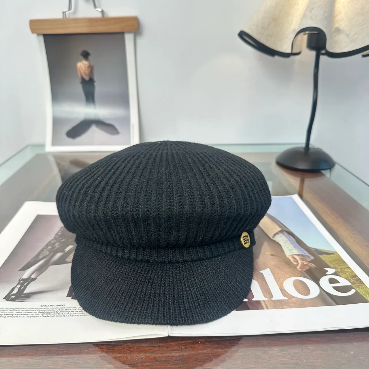 Miu Miu Ribbed Newsboy Cap in Black · view 2