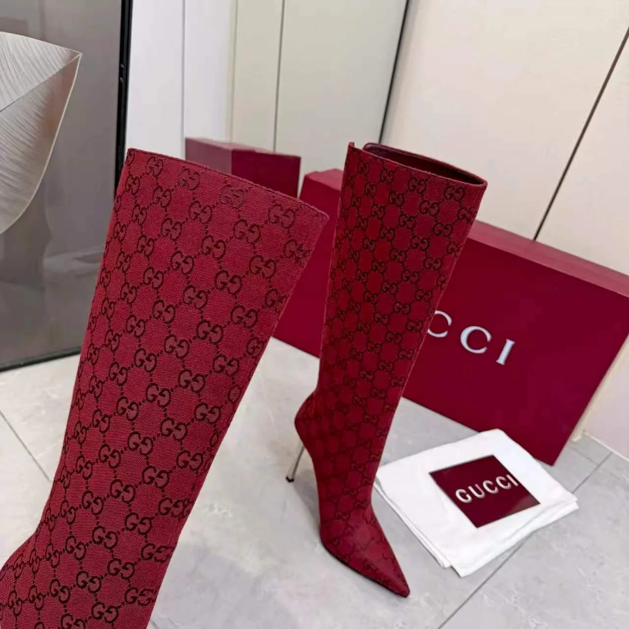 Gucci Cowhide Pointed-Toe Knee-High Boots in Red · view 5