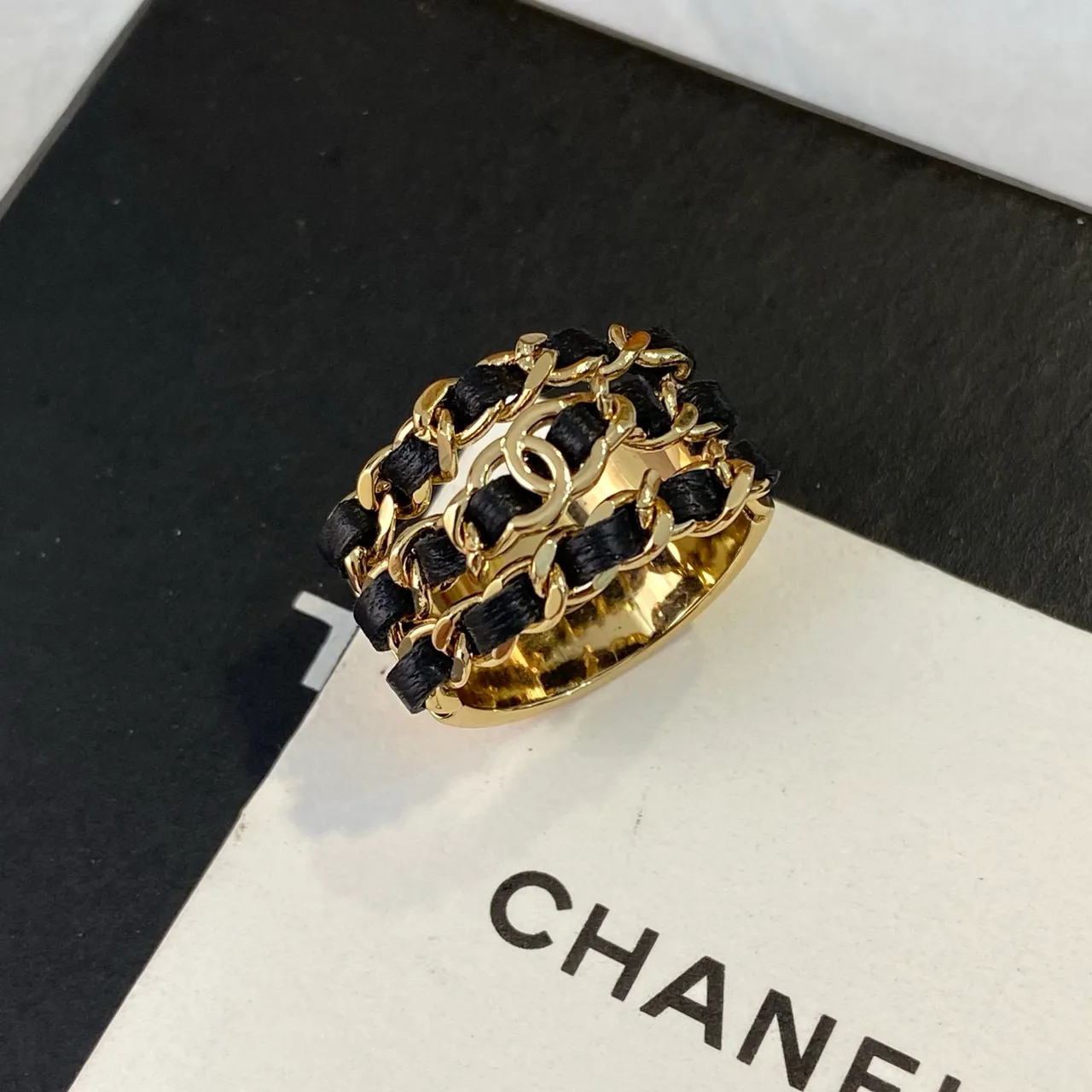 Chanel Sheepskin Woven Glossy Chain Ring in Gold · view 3