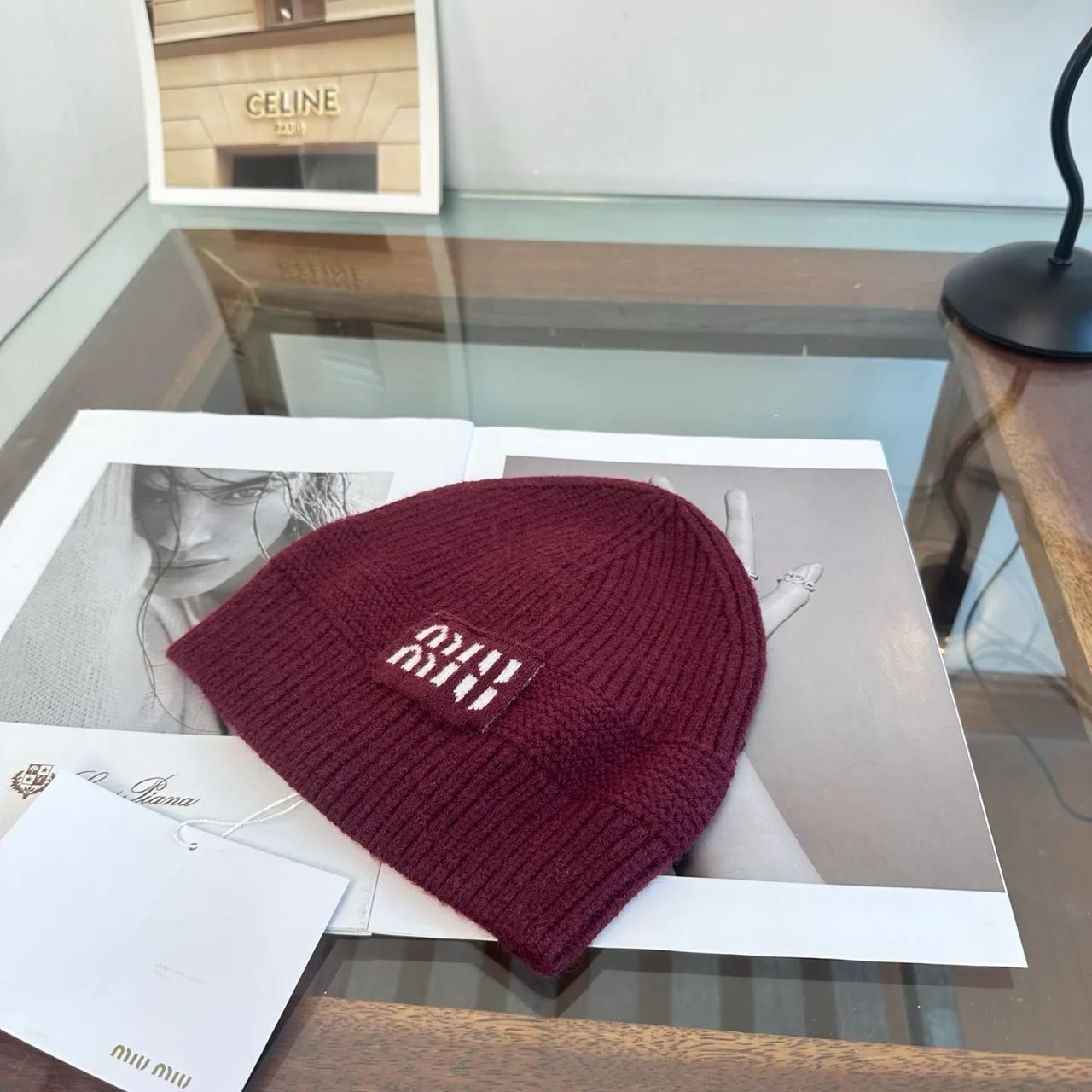 Miu Miu Beanie in Burgundy & Black & Grey & Tan & White · view 3