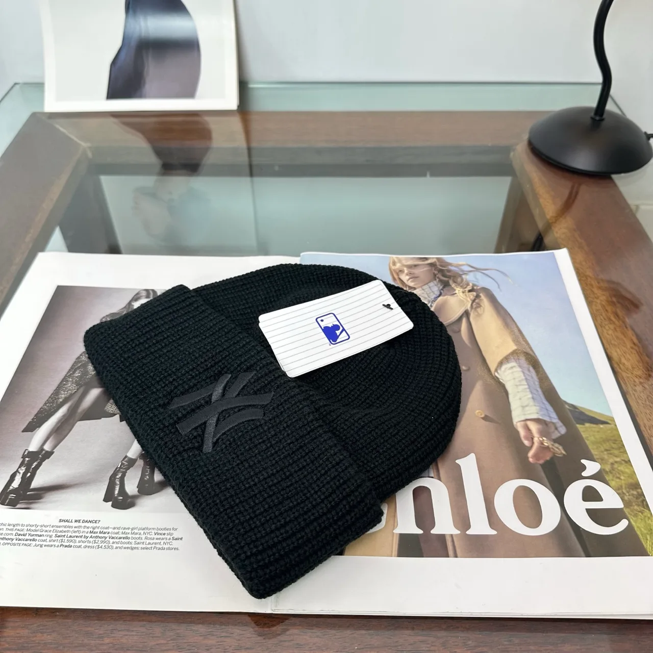 NY Letter Ribbed Beanie in Black · view 2