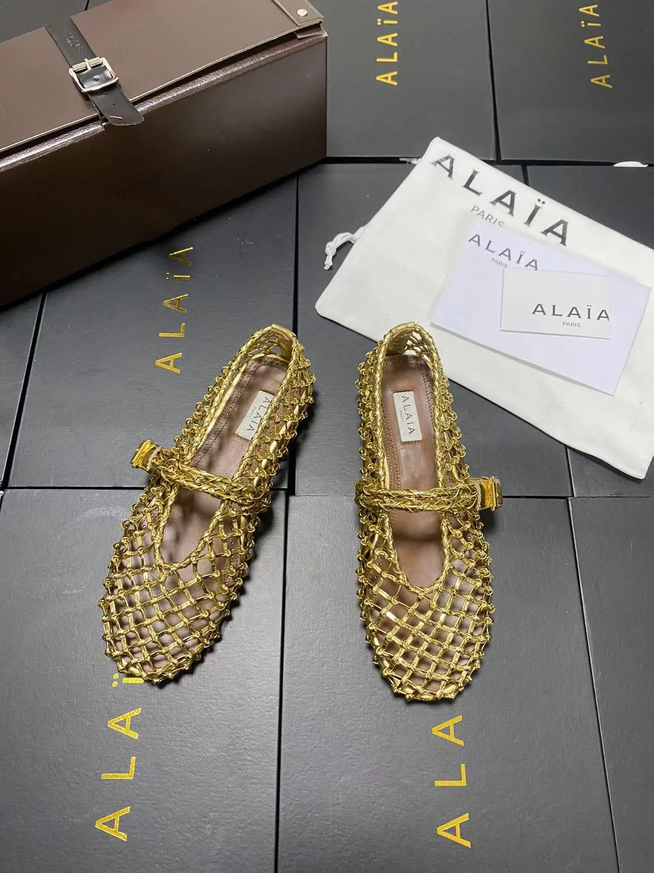Alaia Cowhide Sheepskin Square-Toe Mary Jane Flats in Gold · view 2