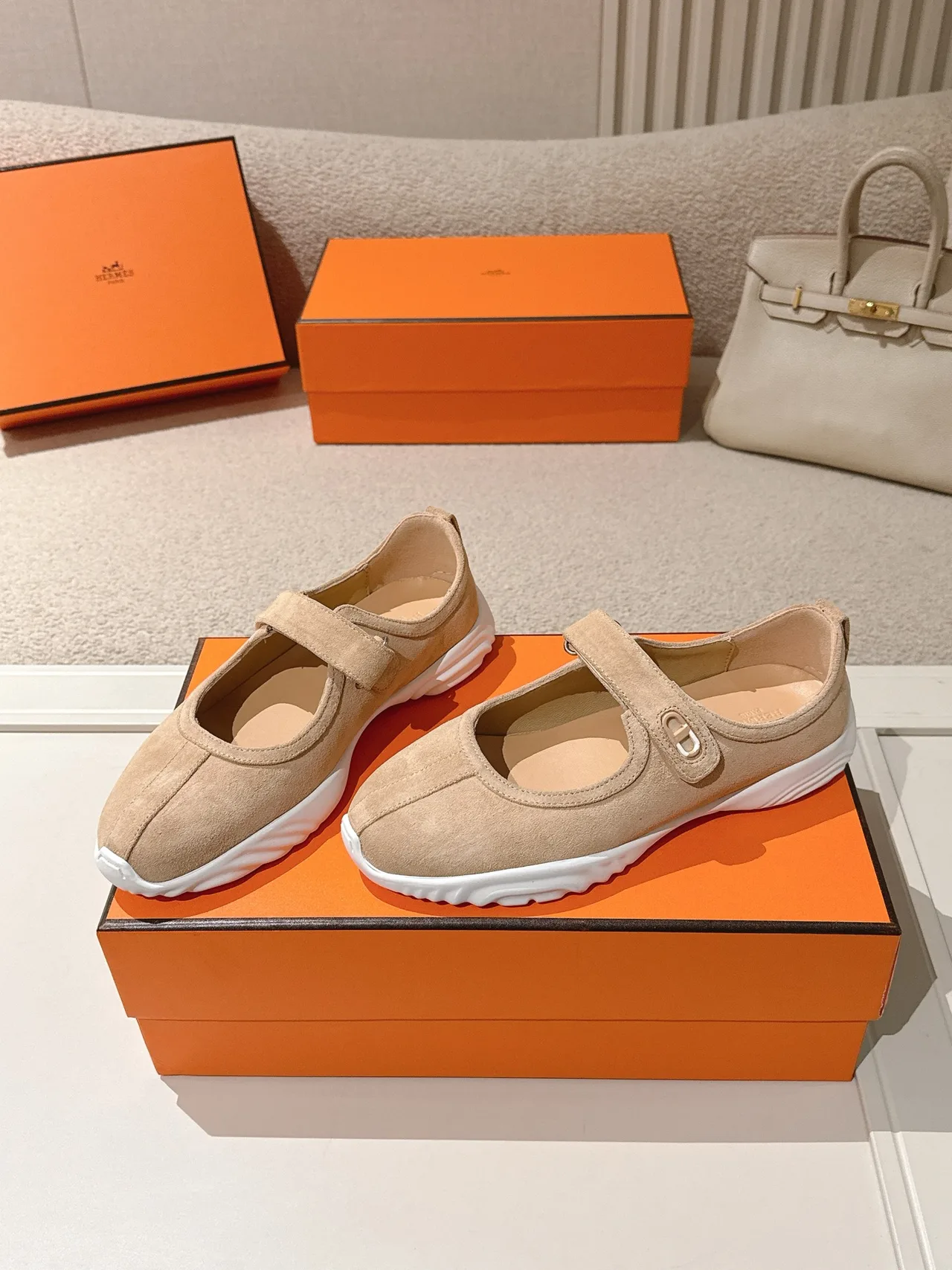 Hermes Lambskin Smooth Mary Jane Shoes in Beige · view 2