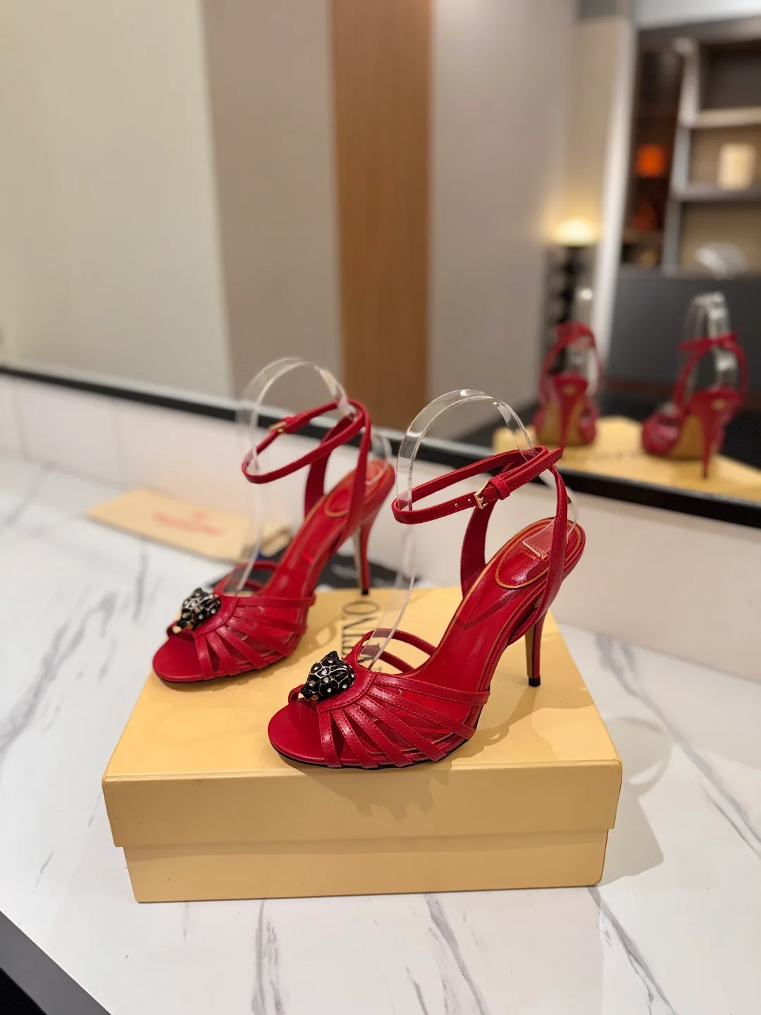 Valentino Pointed-Toe Crystal Cage Heel Sandals in Red · view 2