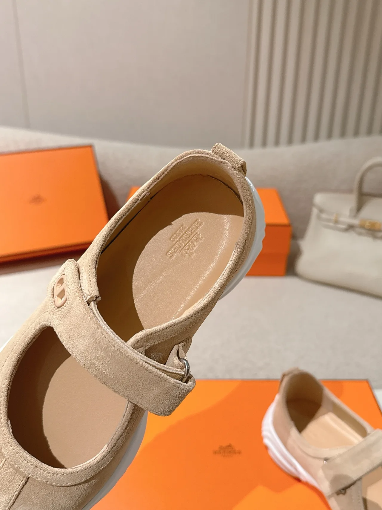 Hermes Lambskin Smooth Mary Jane Shoes in Beige · view 7