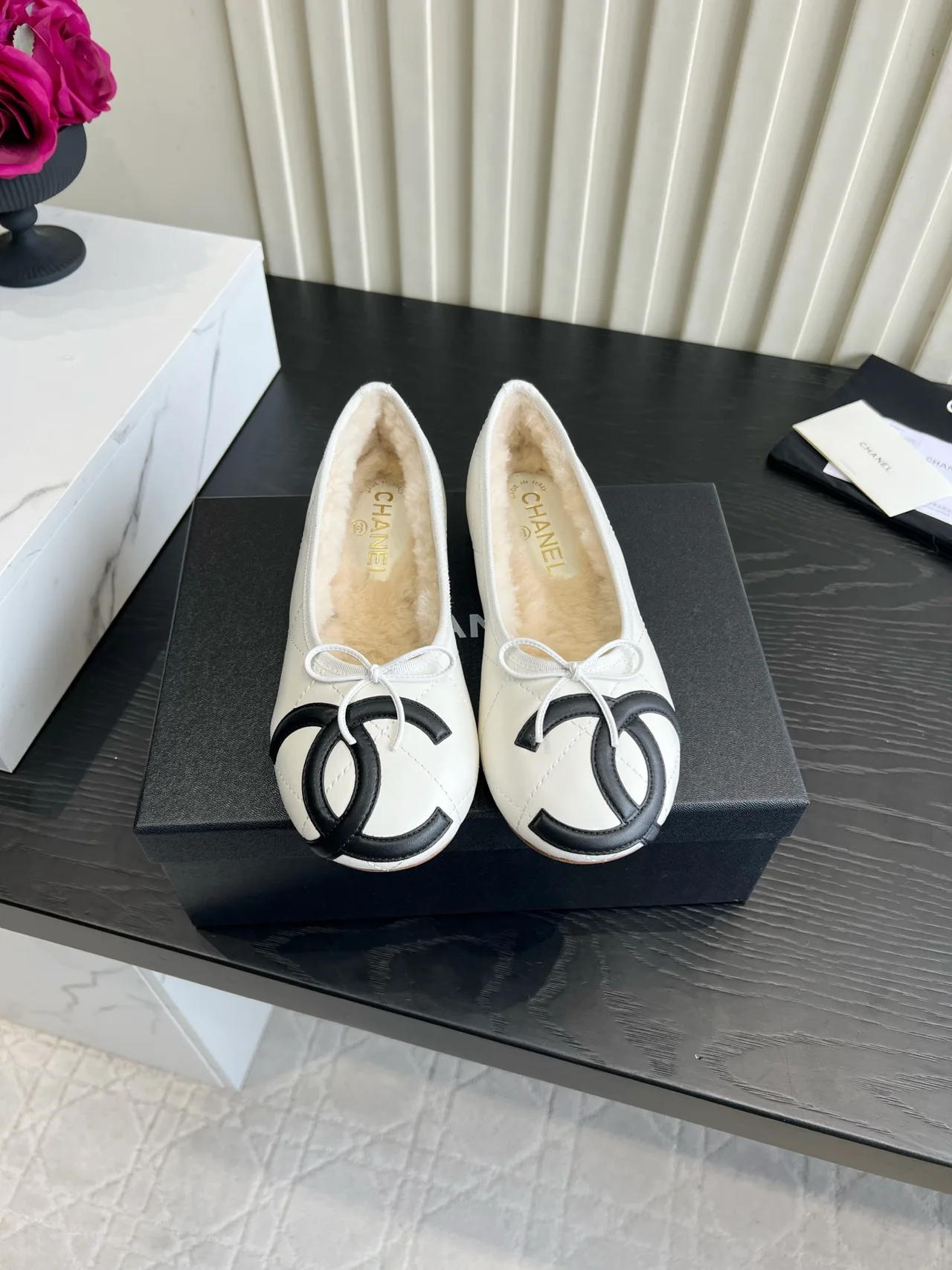Chanel Sheepskin Quilted Glossy Flats in White · view 1