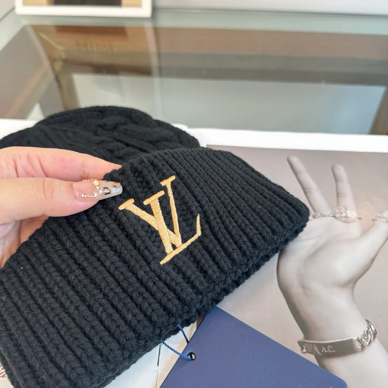 Louis Vuitton Cable-Knit Beanie in Blue & Beige & White & Brown & Black · view 7
