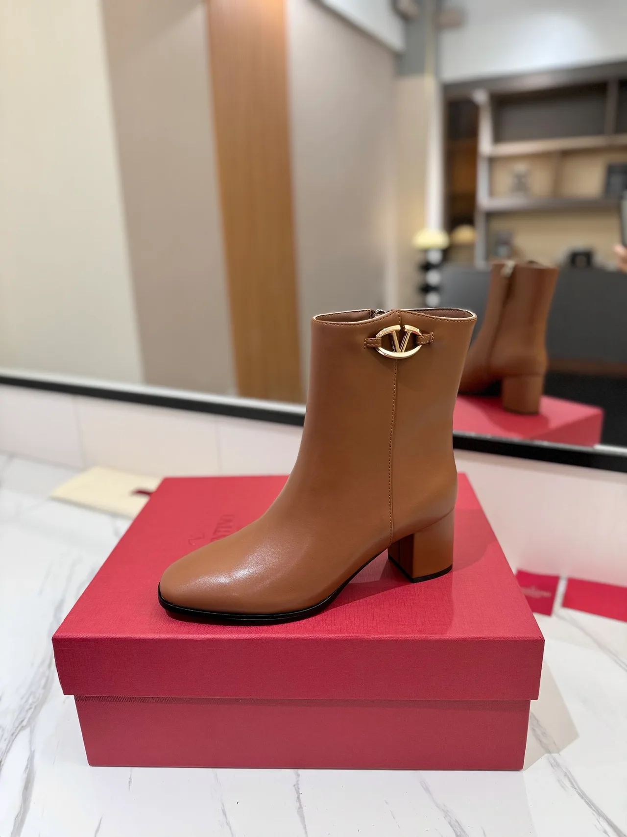 Valentino Calfskin Glossy Round-Toe Ankle Boots in Tan · view 6