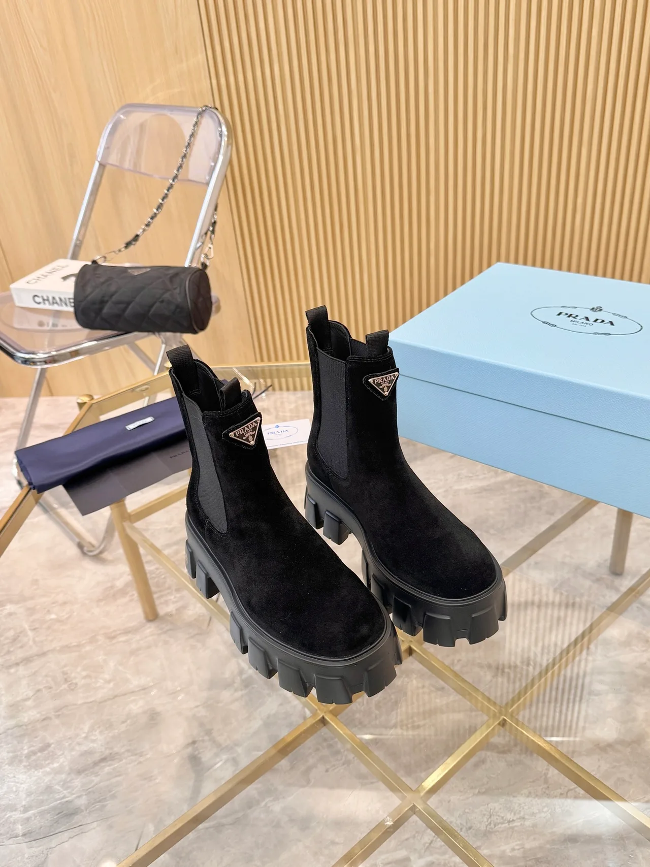 Prada Glossy Ankle Boots in Black · view 3