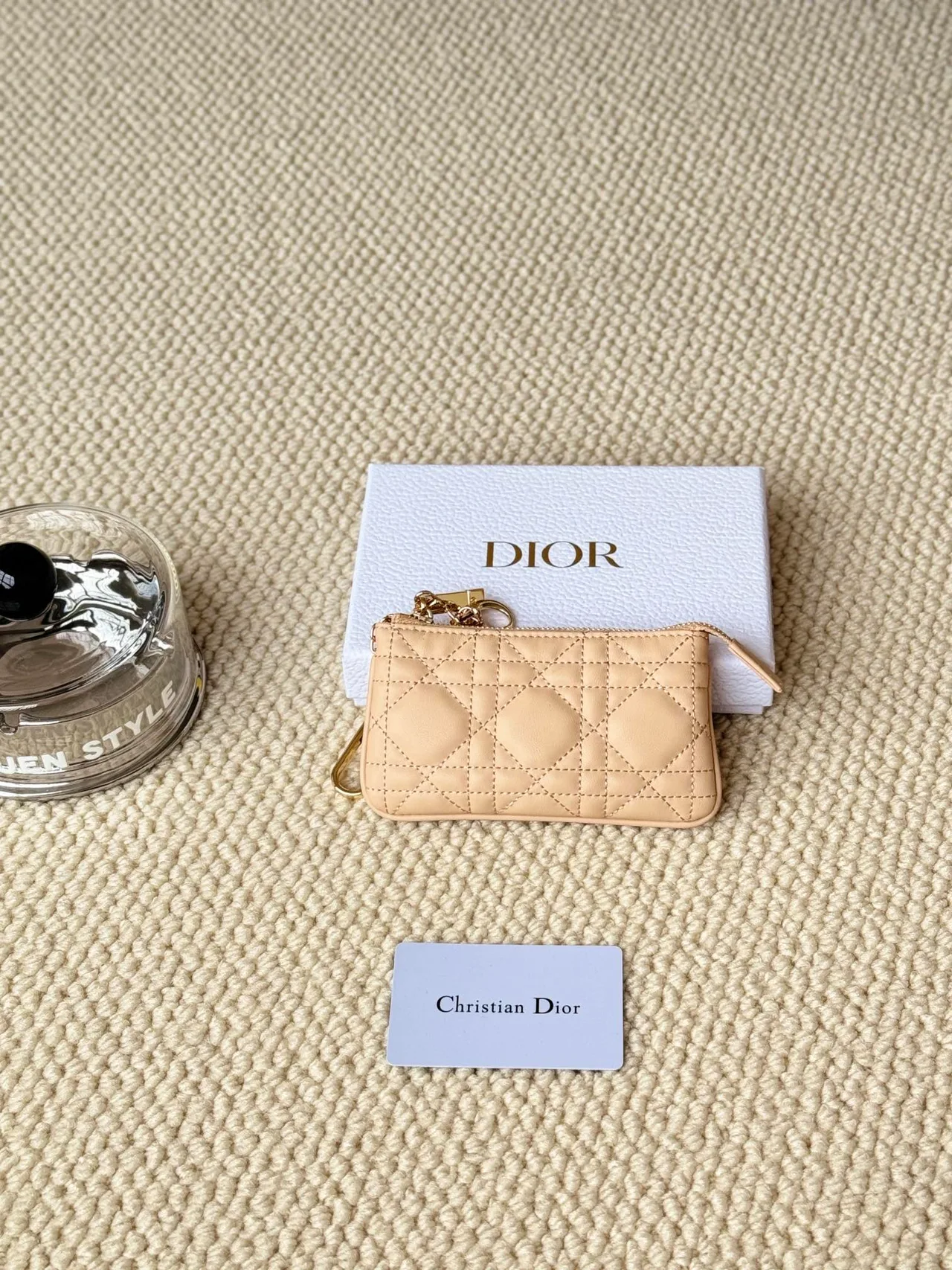 Dior Lambskin Quilted Zip Key Pouch in Beige · view 1