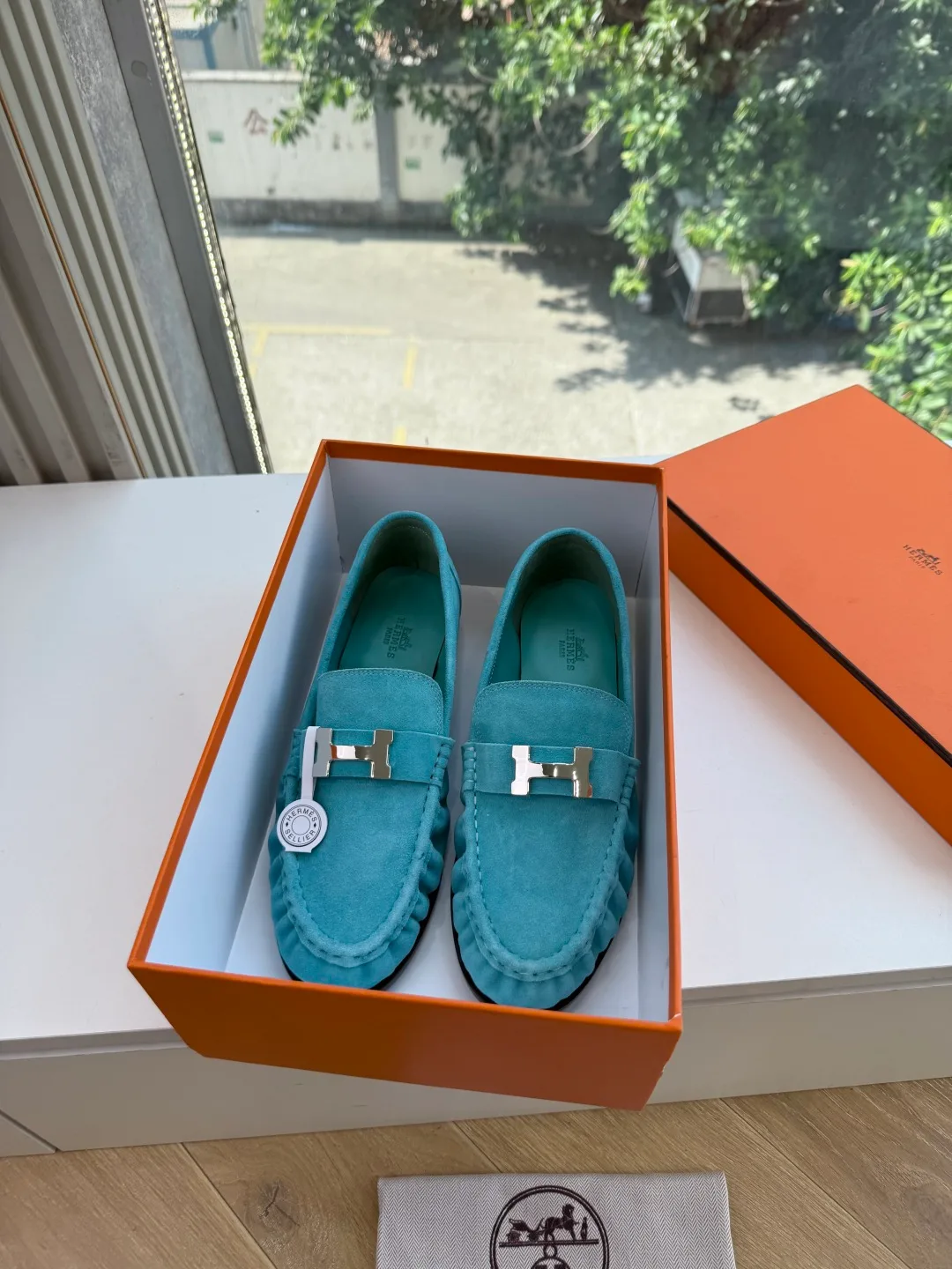 Hermes Calfskin Matte Suede-Look Round-Toe Loafers in Green · view 1