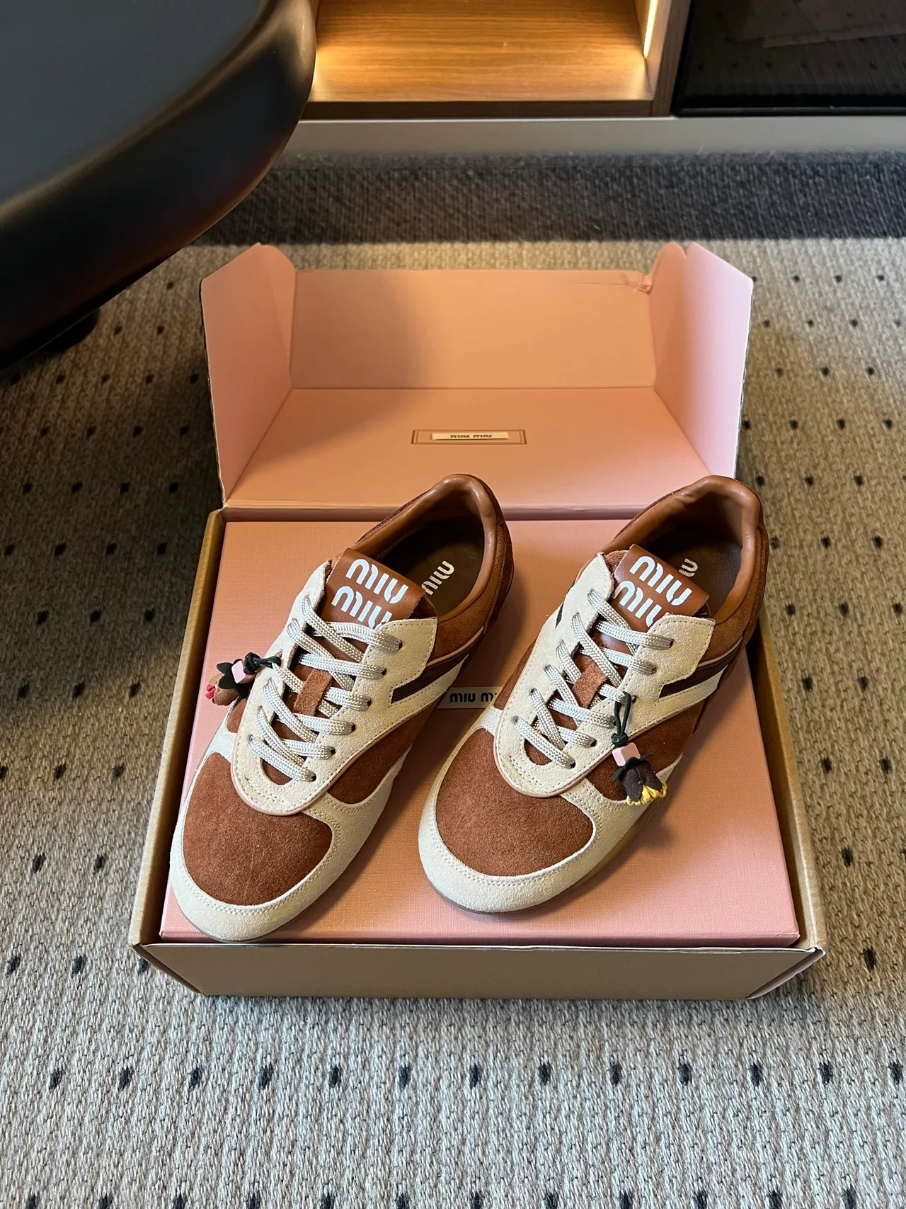 Miu Miu Suede-Look Round-Toe Low-Top Sneakers in Brown · view 2